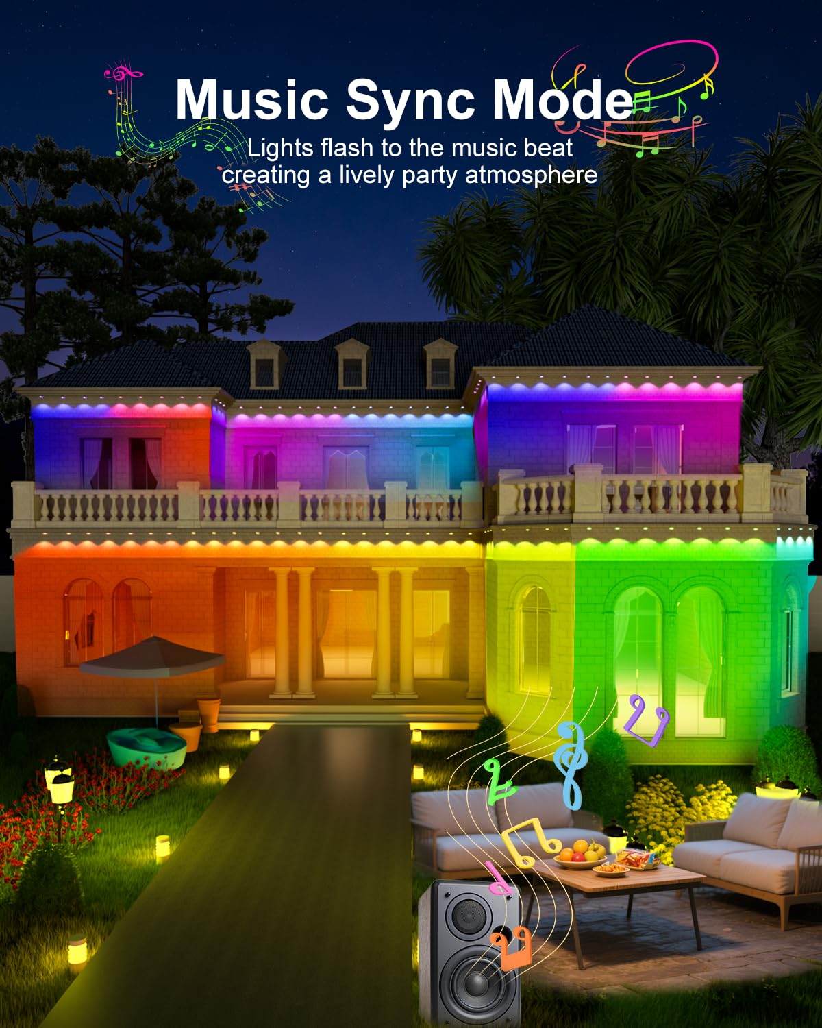 Tropwellhouse 100ft RGB+IC Outdoor Lights, 72 Modes, IP67 Waterproof, Alexa/Google Compatible, Plastic, White, Model YM2025