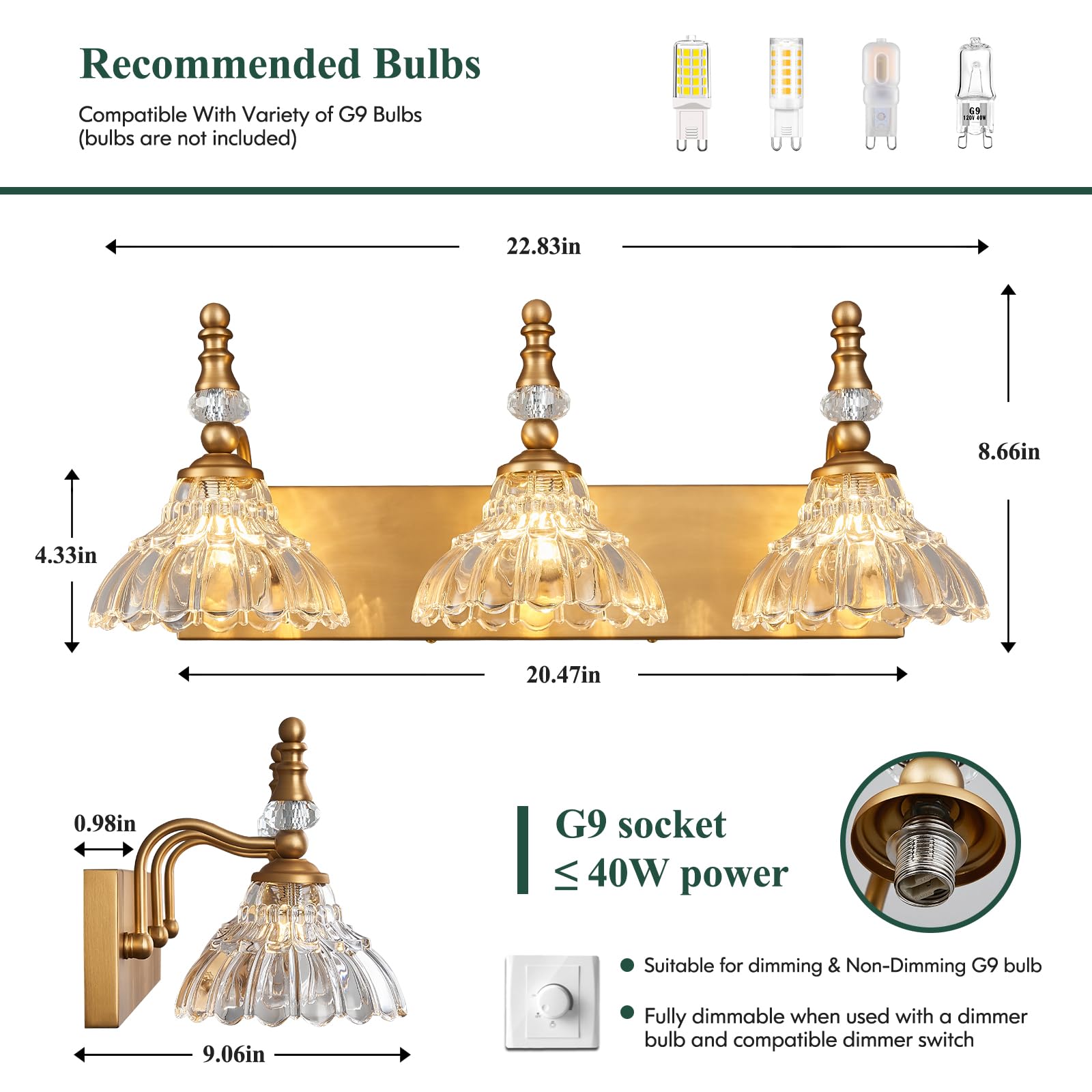 LBSQJ Vintage Bathroom Vanity Light, 3-Light Brass Fixture with Flower Glass Shade, Model 4150