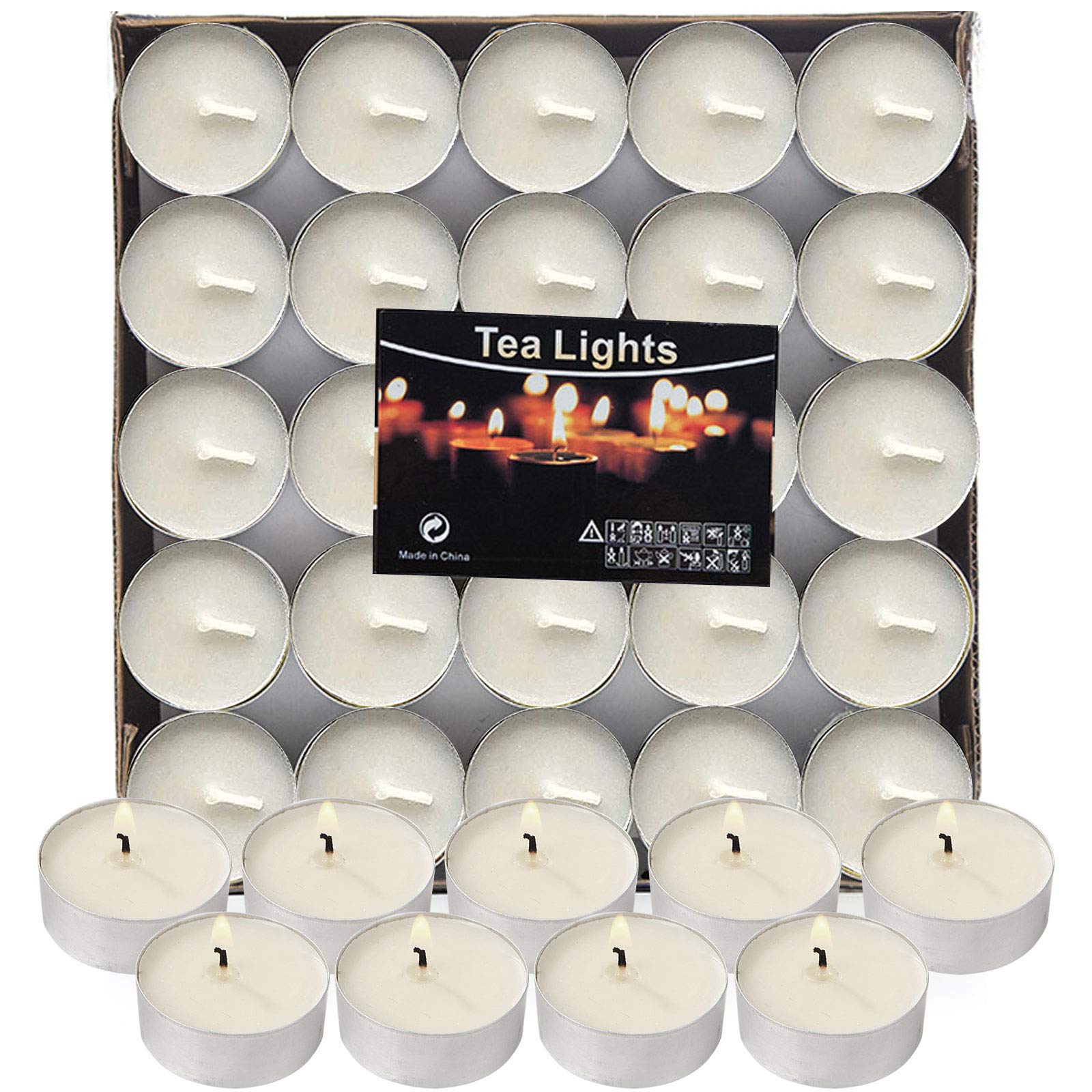 Visen 50-Pack Unscented Tealight Candles, White, Dripless, Smokeless, 6-Hour Burn Time, Paraffin Wax For Home & Events