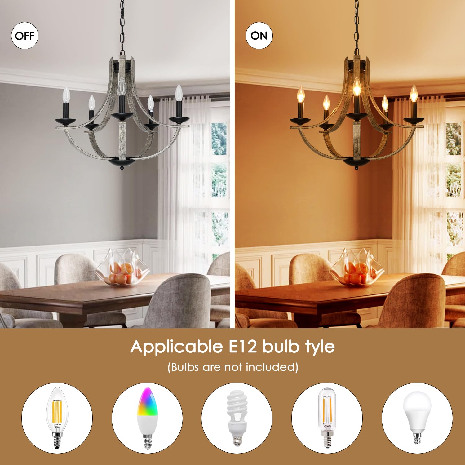 Lampkeduo Rustic Chandeliers For Dining Room Light Fixture  5-Light 24 Inch Faux Wood Texture Hanging Lighting Fixtures Farmhouse Candle Chandeliers For Living Room Kitchen Island Foyer Entryway