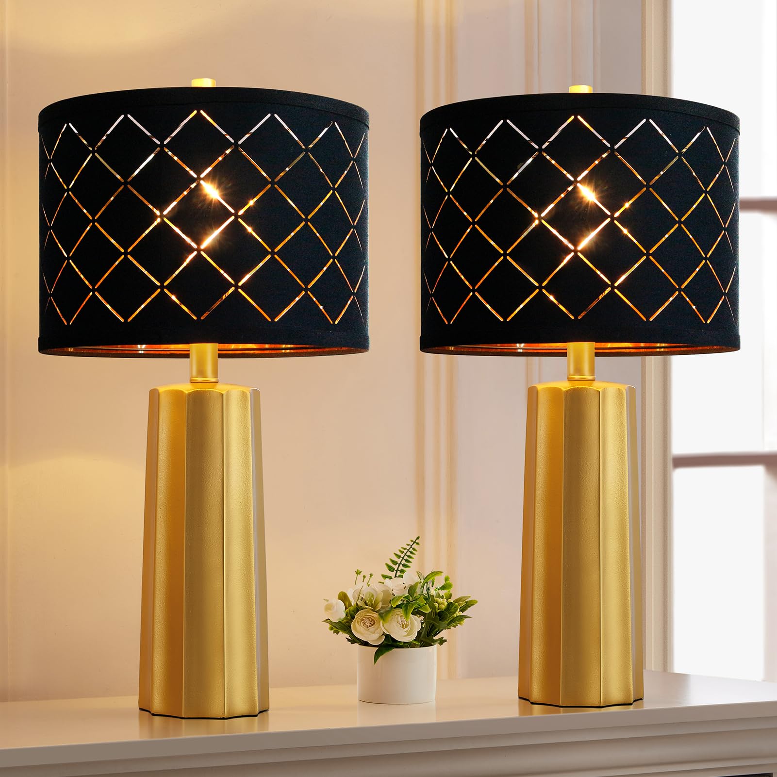 RORIANO 24" Set of 2 Gold Black Grid Table Lamps, Modern Resin Nightstand Lamps, Model LM8929, Includes 2 Bulbs