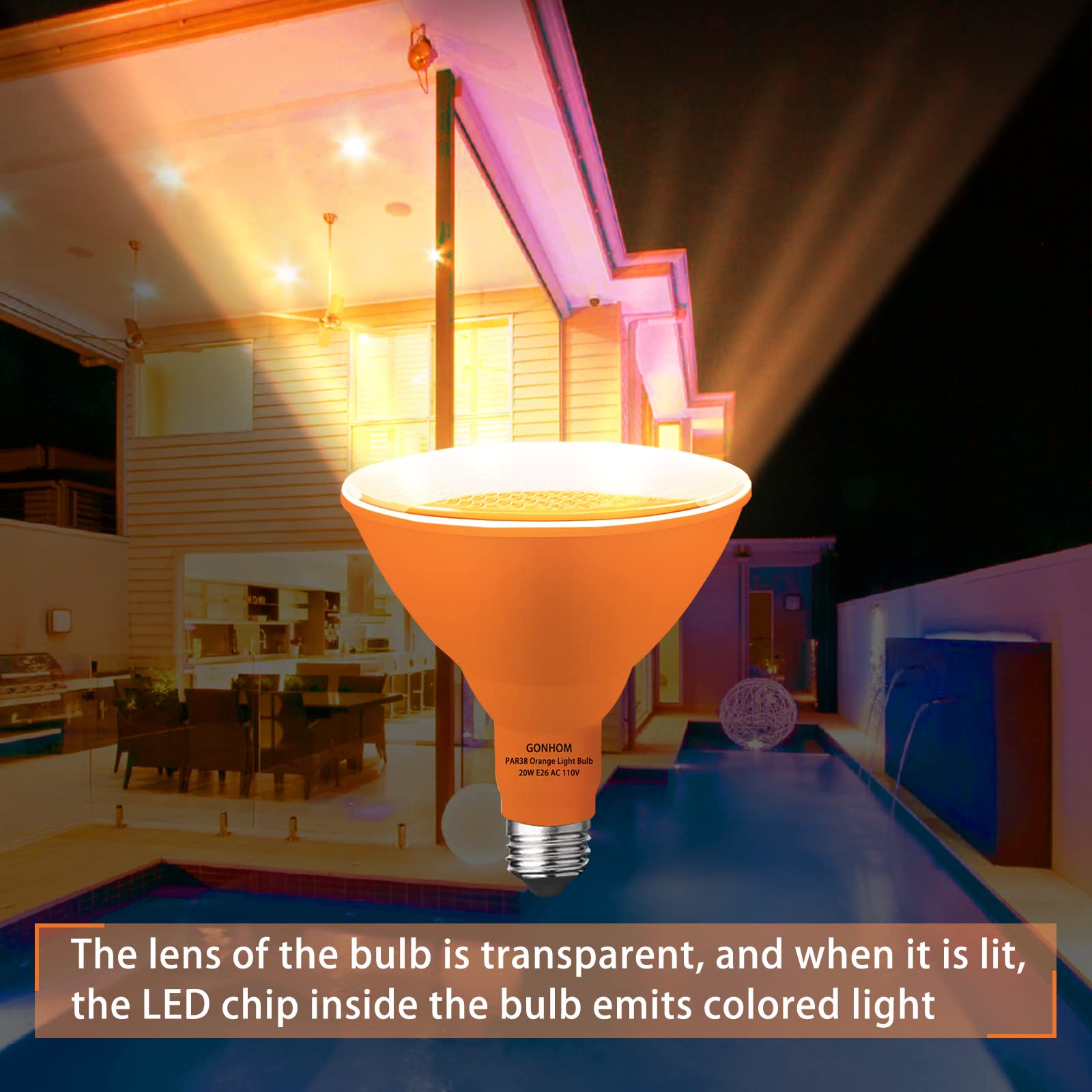 Gonhom 2 Pack 20W Orange Led Par38 Outdoor Flood Light Bulbs For Halloween & Holiday Decor