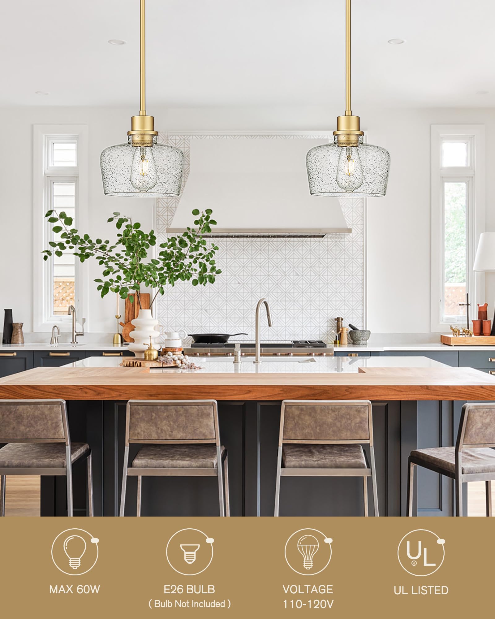 Emak 2 Pack Gold Pendant Light Fixtures, Modern Pendant Lighting With Seeded Glass Shade, 8 Inch Hanging Lights For Kitchen Isla