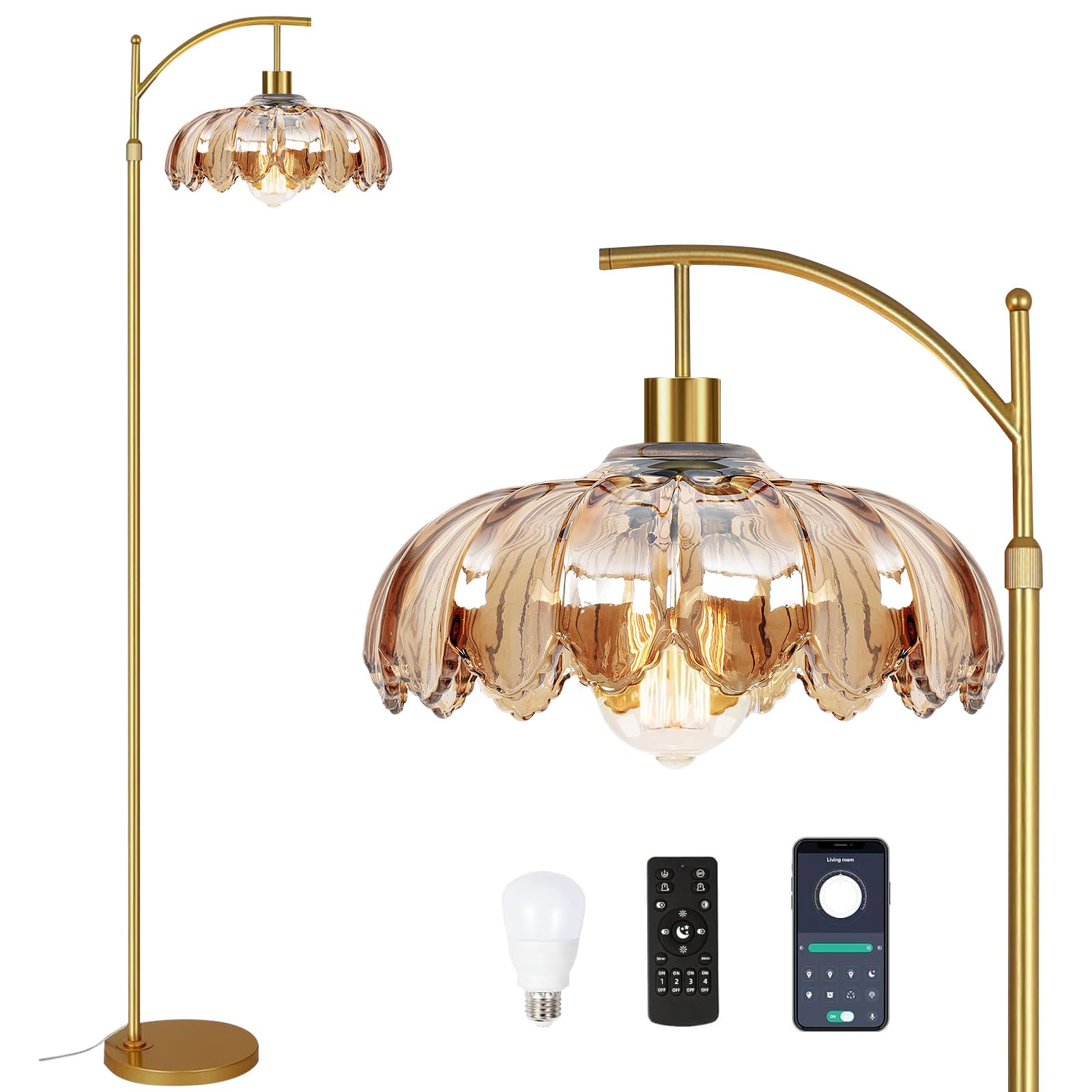 Arc Floor Lamp For Living Room Gold Floor Lamp With Remote Control Dimmable Floor Lamps With Glass Lampshades Mid Century Modern Standing Lamp Tall Vintage Flower Floor Lamps For Bedroom Corner