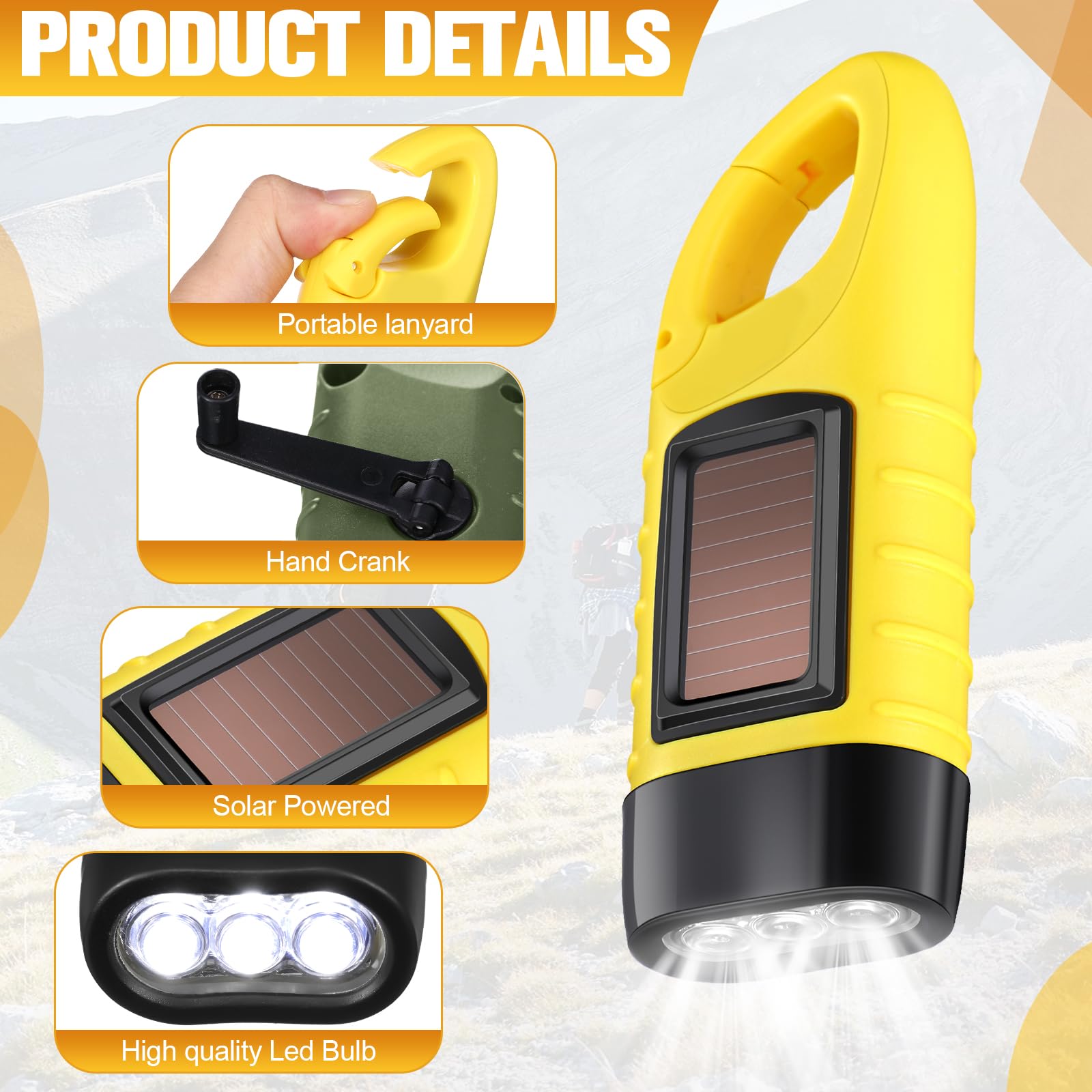 Mudder Hand Crank Solar Flashlights - 6 Pcs LED Emergency Lights for Camping, Hiking - Green & Yellow - Model CL-Mudder-4656