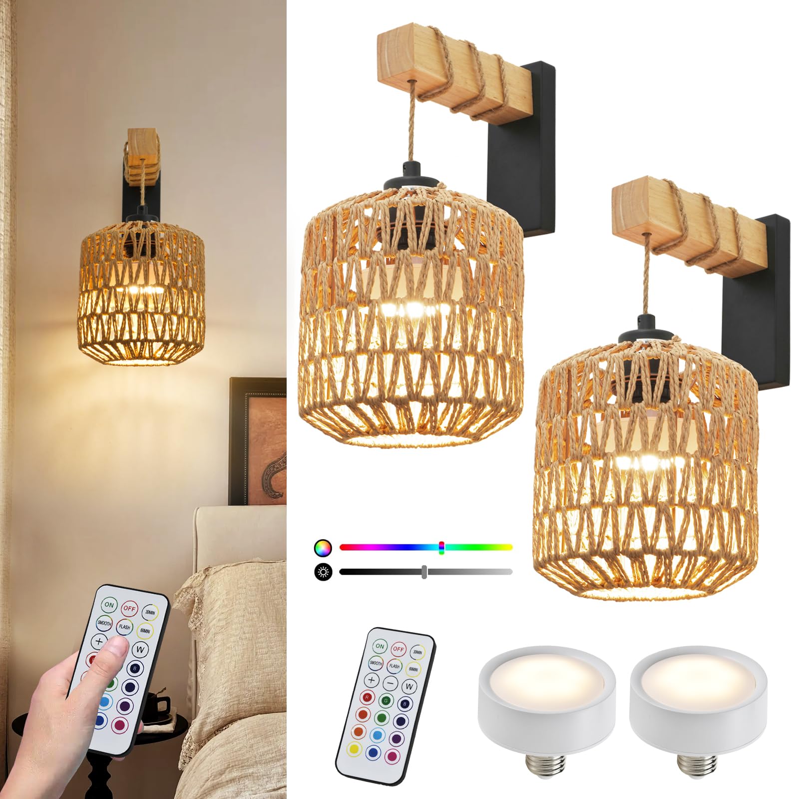 Novcand Battery Operated Wall Sconce Set Of Two, Wireless Rattan Wall Sconces With Remote Rgb 15 Colors Dimmable, Farmhouse Boho