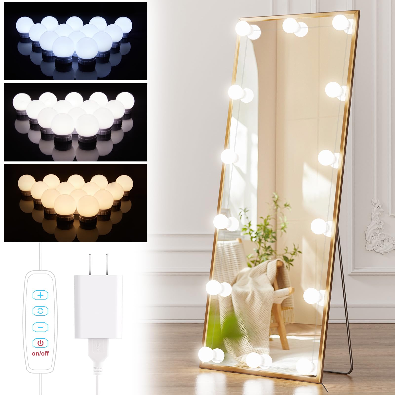 Brightown 14 Bulb Dimmable Hollywood Makeup Mirror Lights, 22Ft Adjustable Vanity Lighting Fixtures For Full Length Mirror (Mirr