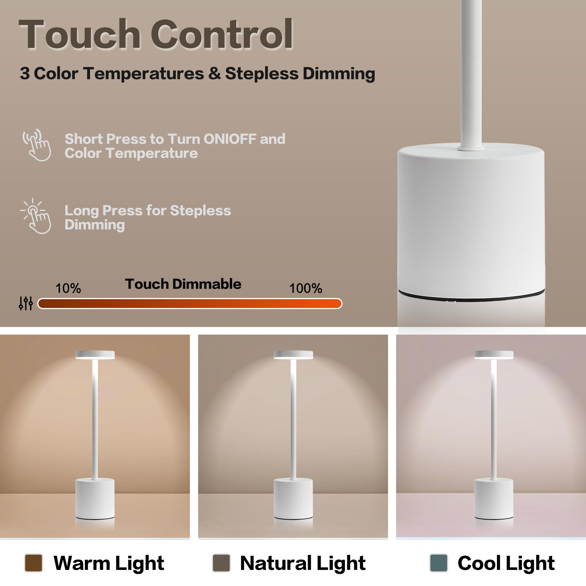 Masuper Cordless Table Lamps, Rechargeable Lamps, Touch Control, 3 Color Temperature, Stepless Dimmable, Led Portable Wireless L