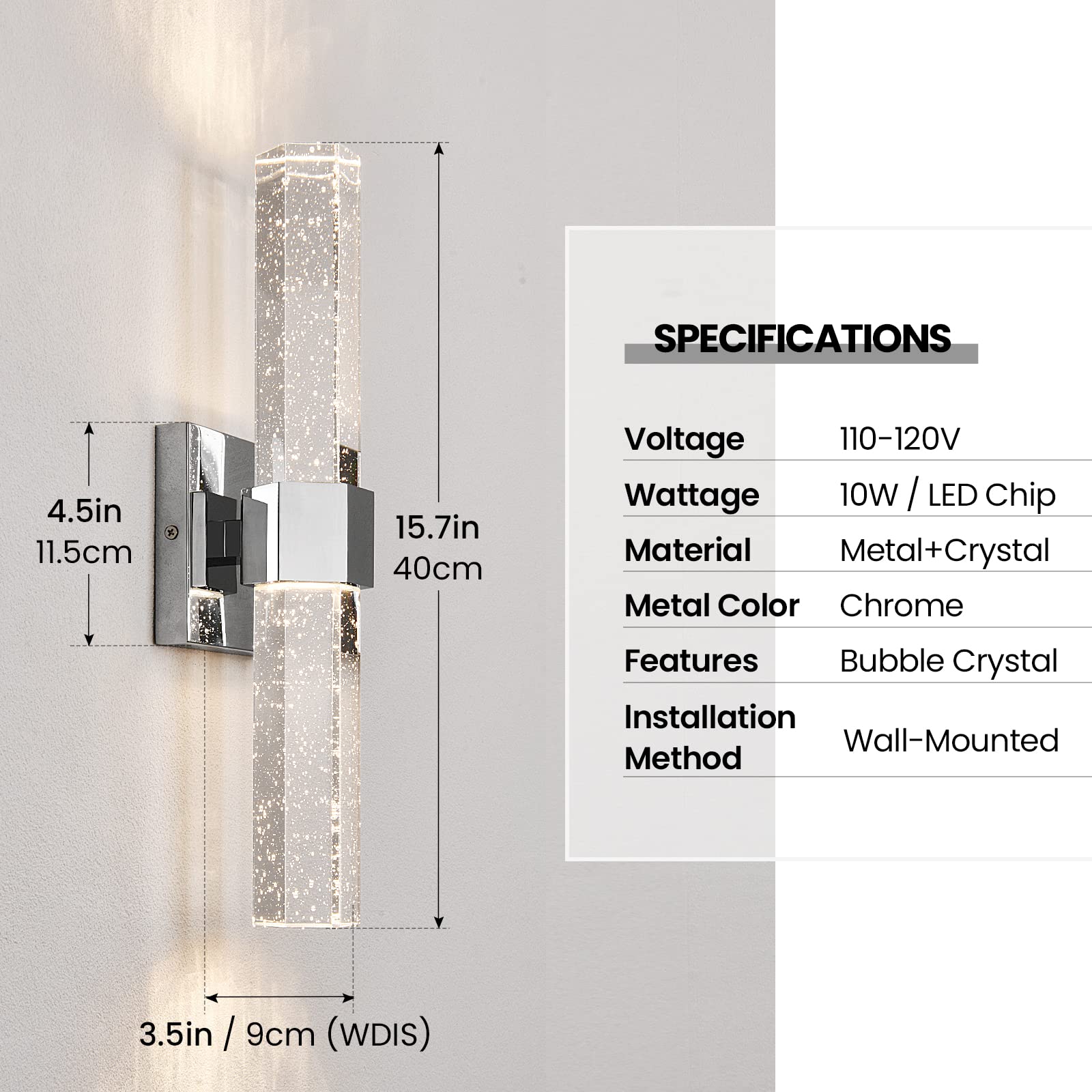 Epinl Chrome LED Bathroom Sconce Light - Modern Crystal Wall Fixture, 3000K, 1-Pack, Versatile for Bedroom, Living Room, Hallway