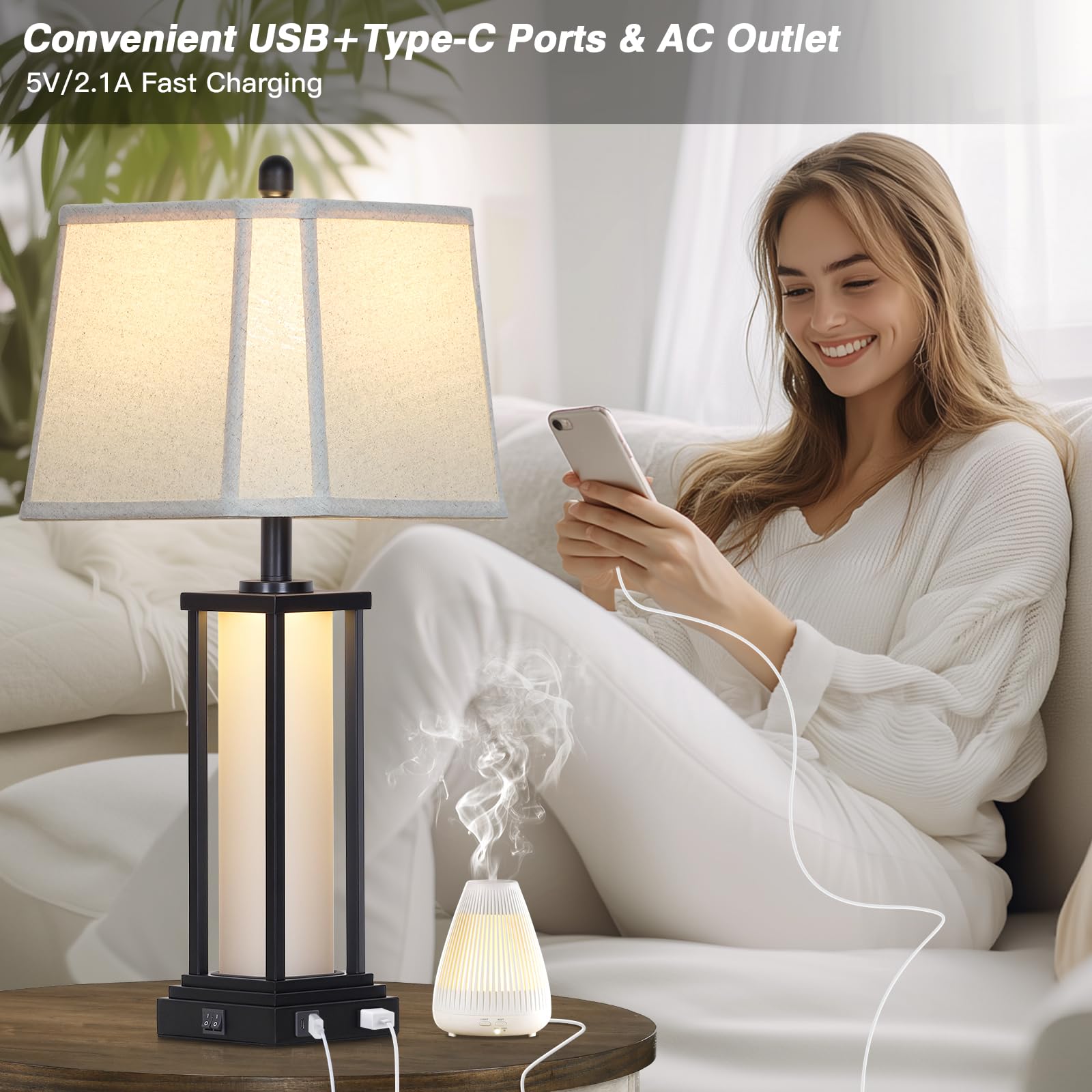 Cinkeda Vintage Table Lamp Set of 2, 27" Tall, Black Metal with USB & Outlet, Farmhouse Rustic Design