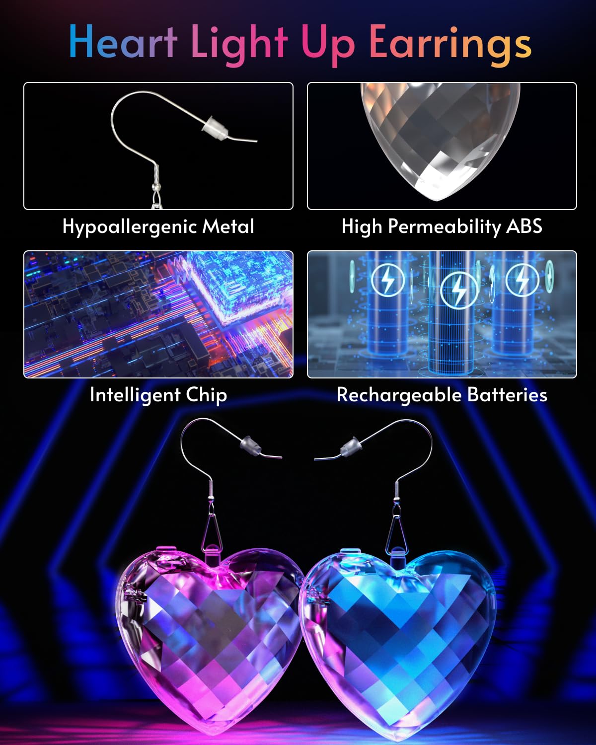 PUFIER LED Earrings - Light Up Heart Earrings with 16 Modes, Rechargeable, Transparent Heart, Model 2llud