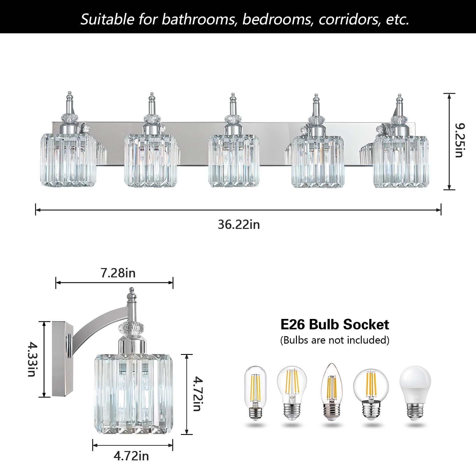 BBLLWJ Crystal Vanity Light Fixtures, 5-Light Modern Bathroom Lighting, Chrome Finish, Model 655