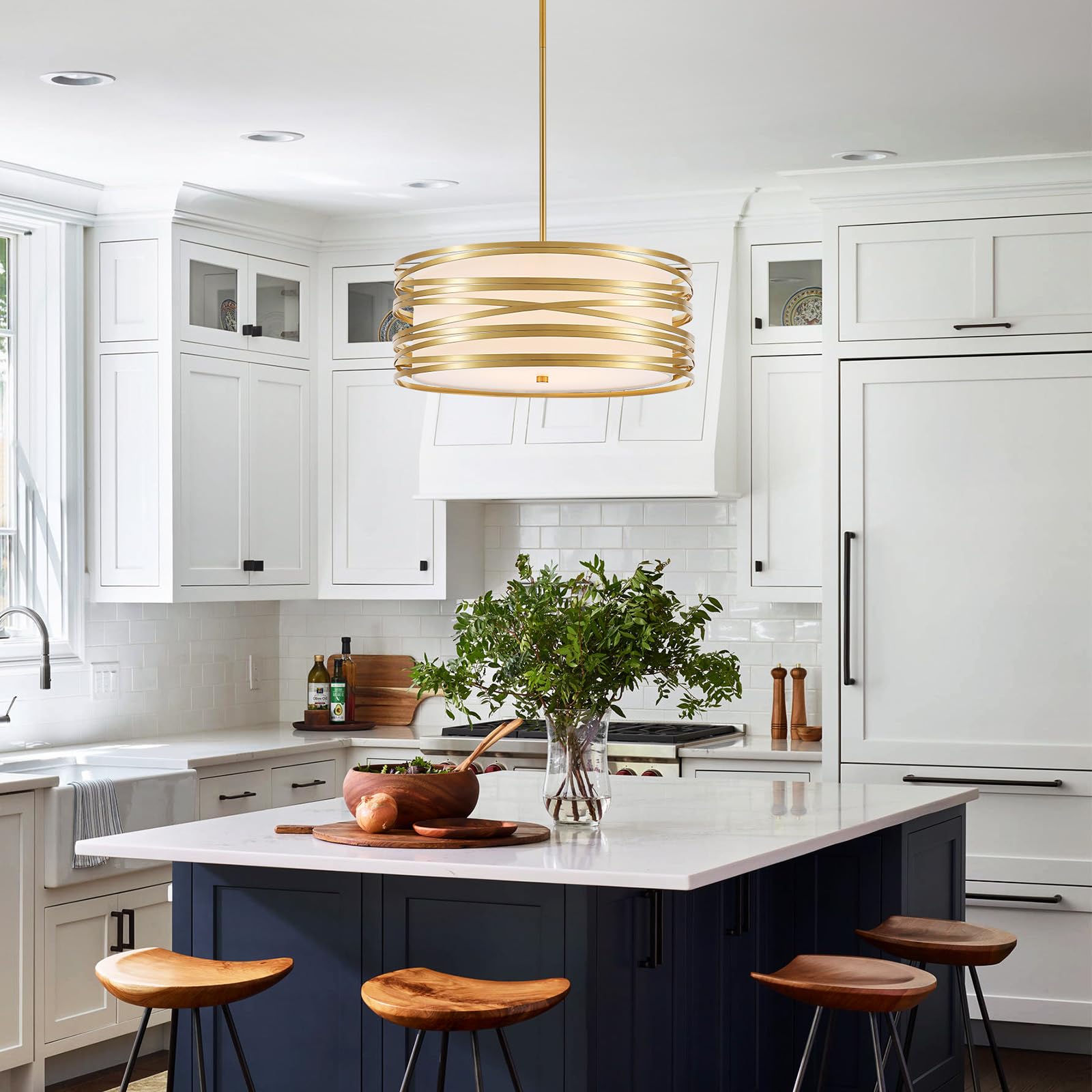 Yomecoo 19.7 Drum Chandelier Light Fixture Vintage Modern 5-Lights Golden Chandelier With White Linen Lampshade Rustic Farmhouse