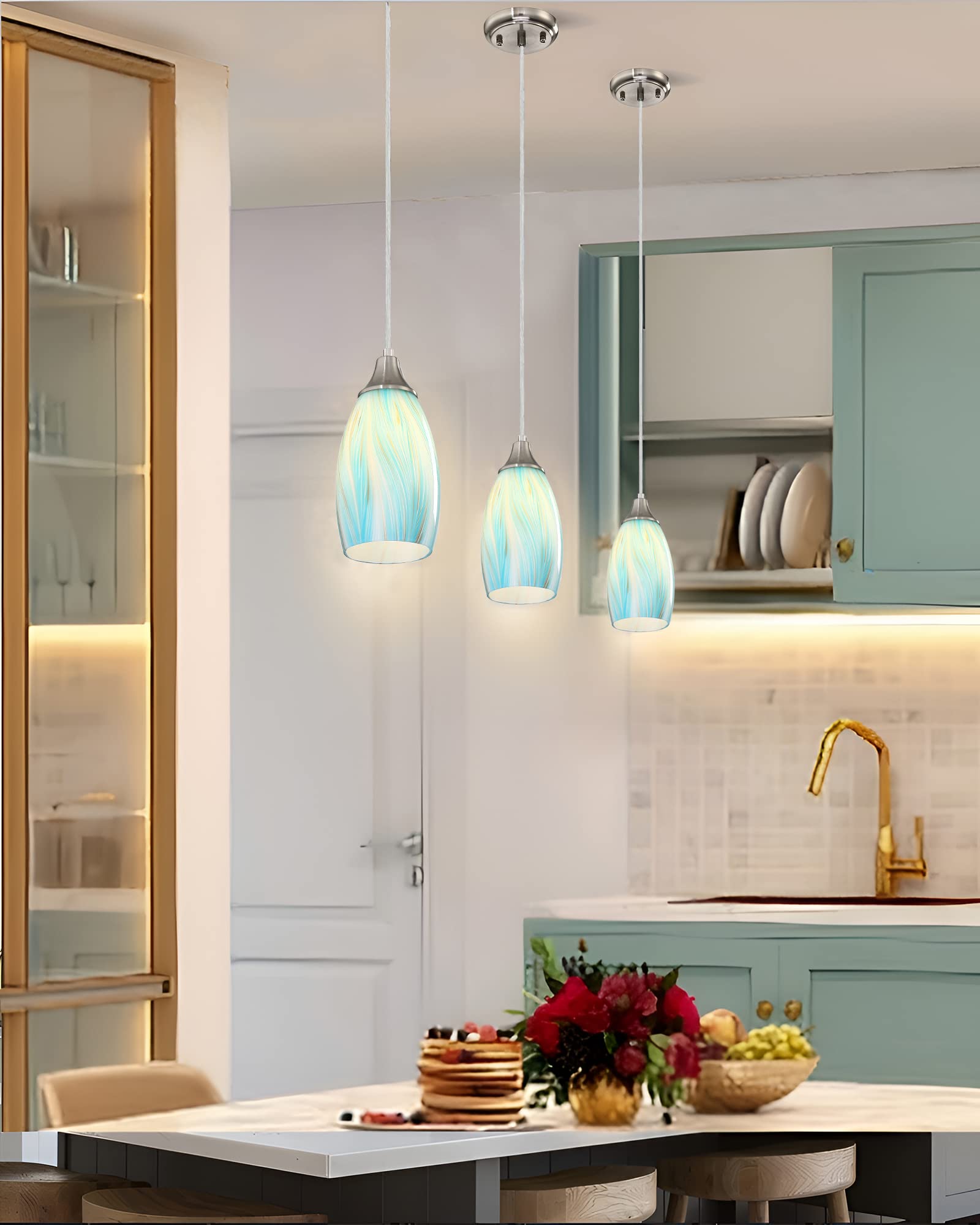karyfine Mini Glass Pendant Lights 3-Pack, Teal with Gold, Adjustable Brushed Nickel, Handcrafted for Kitchen Island and Dining Room