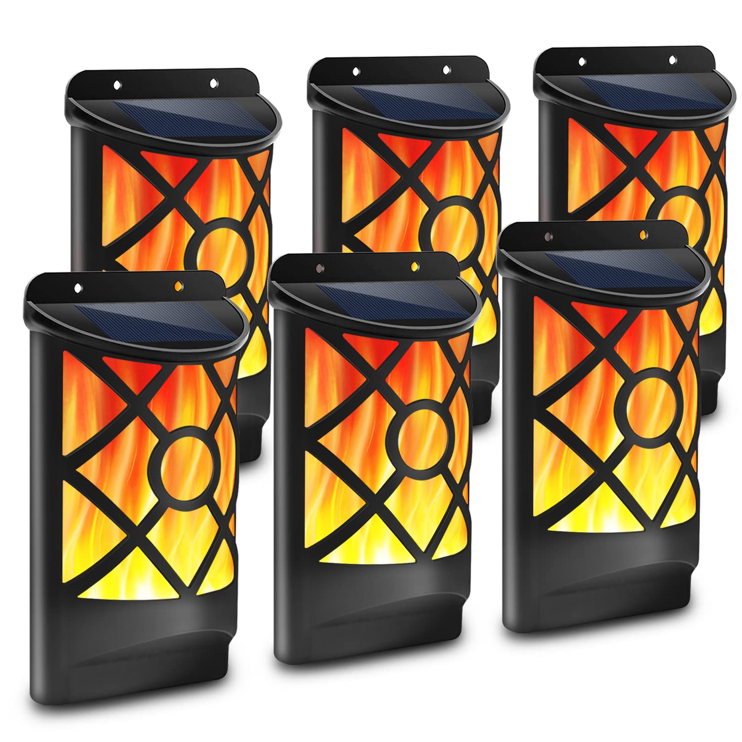 Aityvert Solar Flame Lights - Waterproof Flickering Flame, 66 LED, 6 Pack, Wall Mounted, Lattice Design for Outdoor Patio Deck Driveway