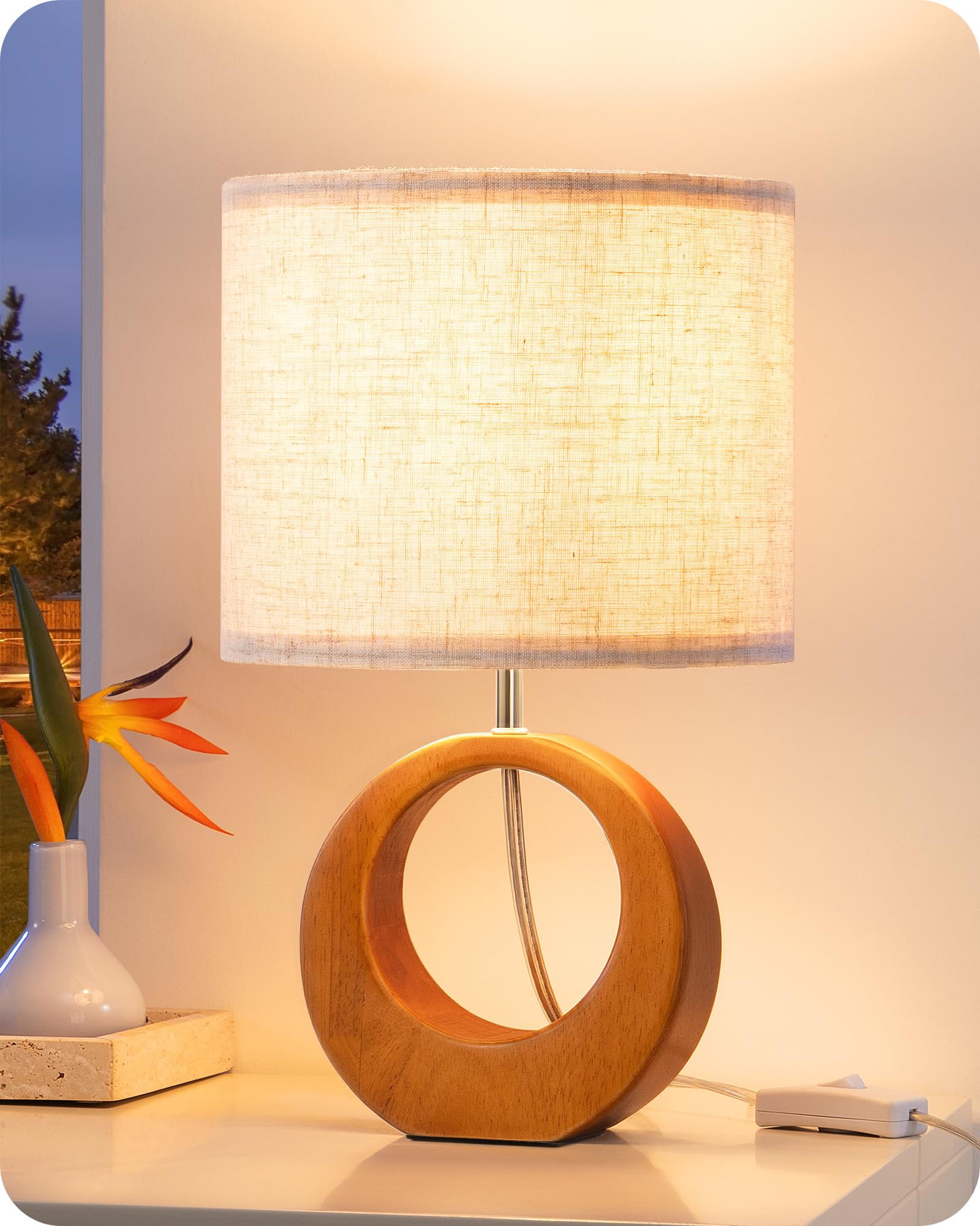 EDISHINE 13.4 Small Table Lamp, Wood Nightstand Lamp with Beige Linen Lampshade & ON-Off Switch, E26 Base, Boho Bedside Lamp for
