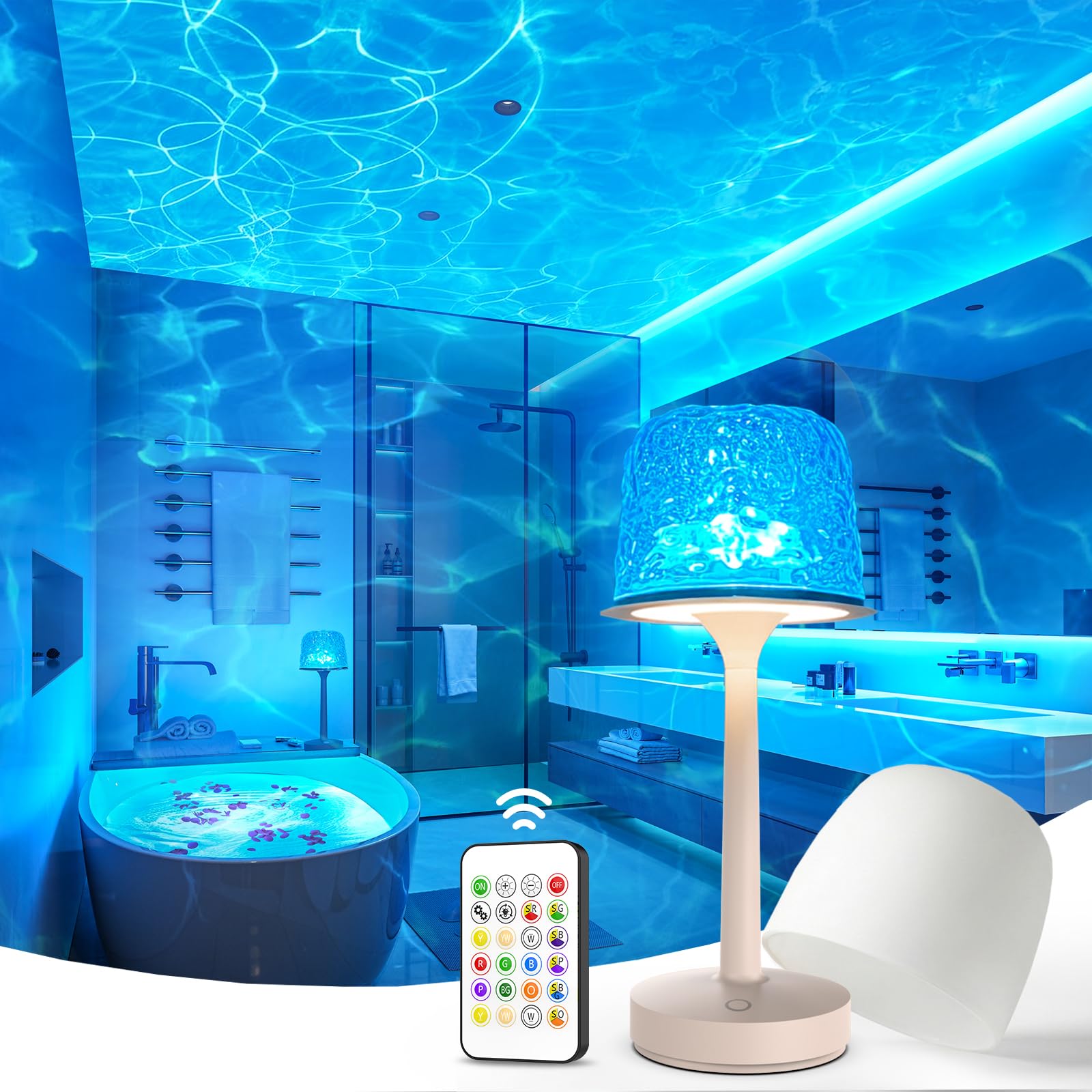 IP65 Waterproof Shower Lamp for Inside Shower  Outdoor Patio Cordless Rechargeable Table Lamp  RGB Ocean Wave Projector  Battery Operated Small Touch Lamps for Kitchen Counter Nightstand Desk Bathroom