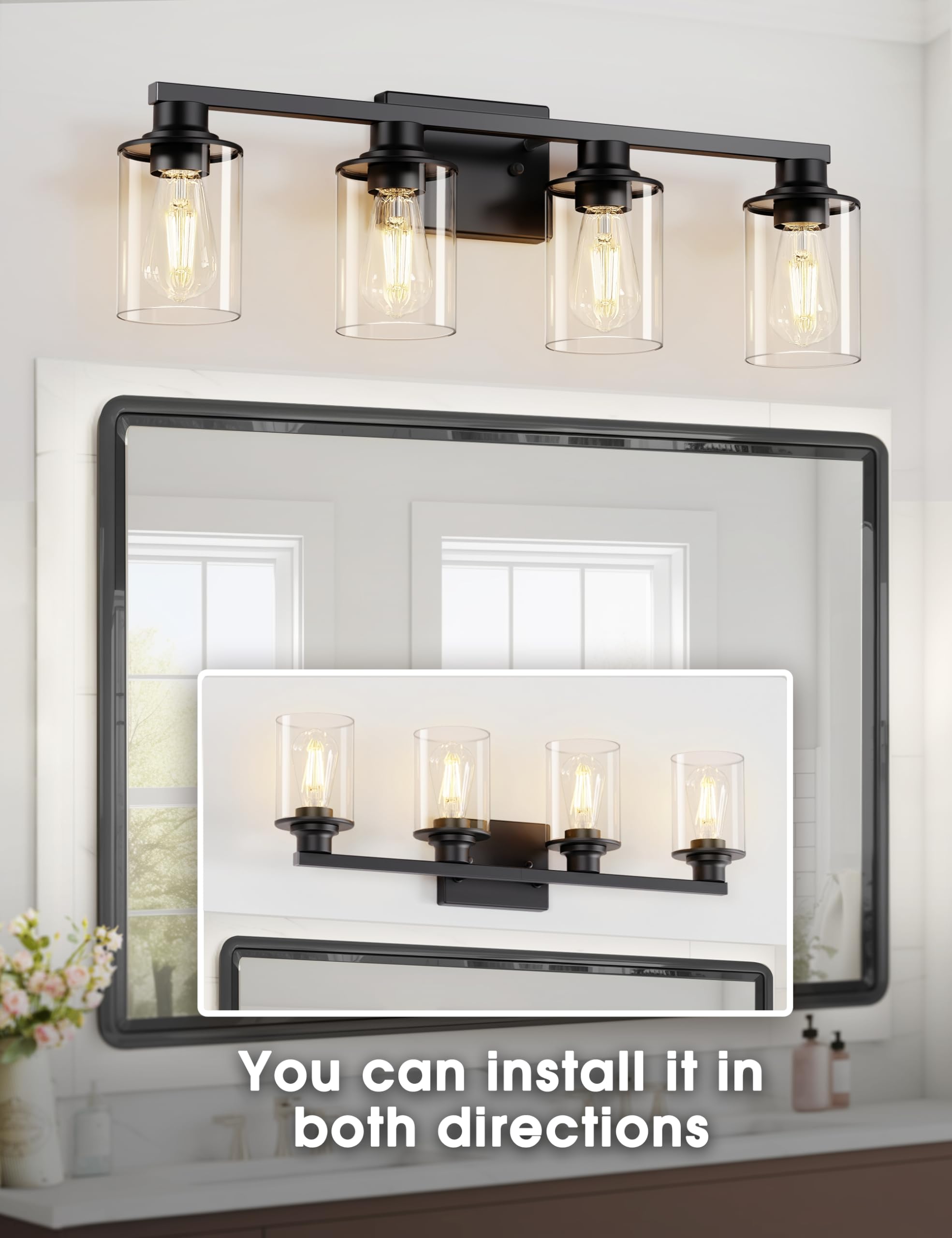 DORESshop 4-Light Black Bathroom Light Fixtures with Clear Glass Shade for Vanity, Hallway, Living Room, Bedroom