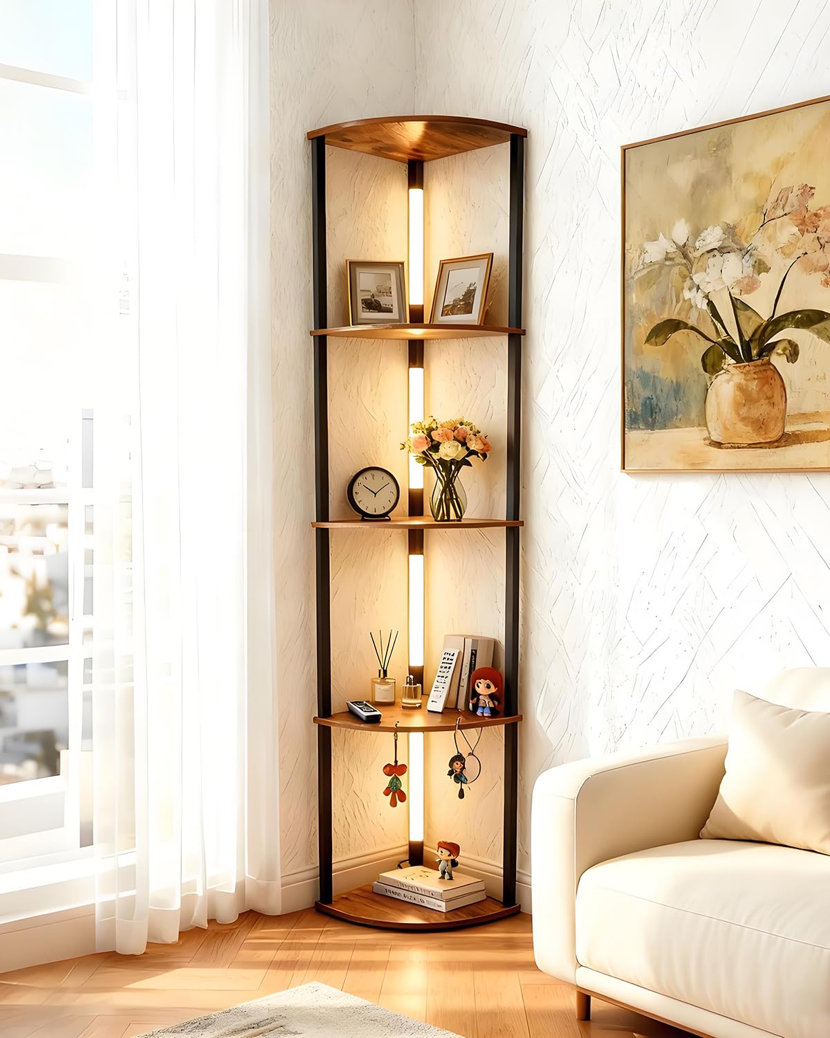 Lightdot Corner Floor Lamps with Shelves, 64Inch 5-Tier Storage Shelf Lamp with Integrated LED Posts/Amber Shelf/Black Frame, Bl