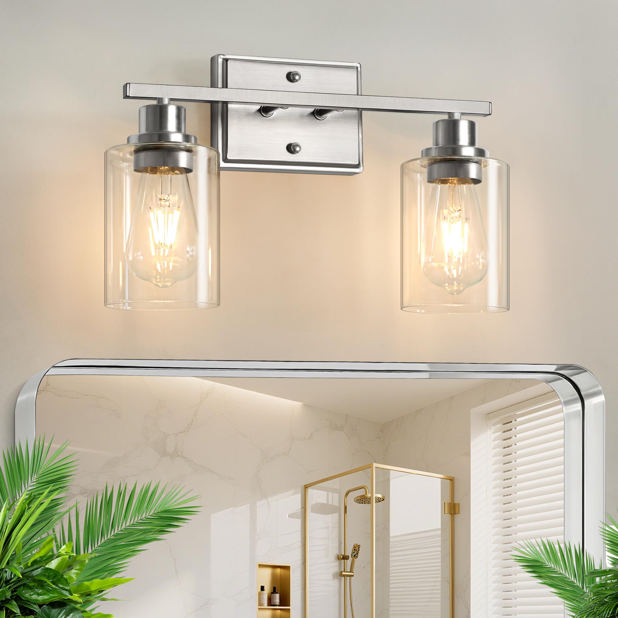 Unicozin 2 Light Bathroom Light Fixtures  Modern Vanity Lights Over Mirror  Brushed Nickel Wall Lamp with Clear Glass for Living Room Cabinet Bedroom Porch