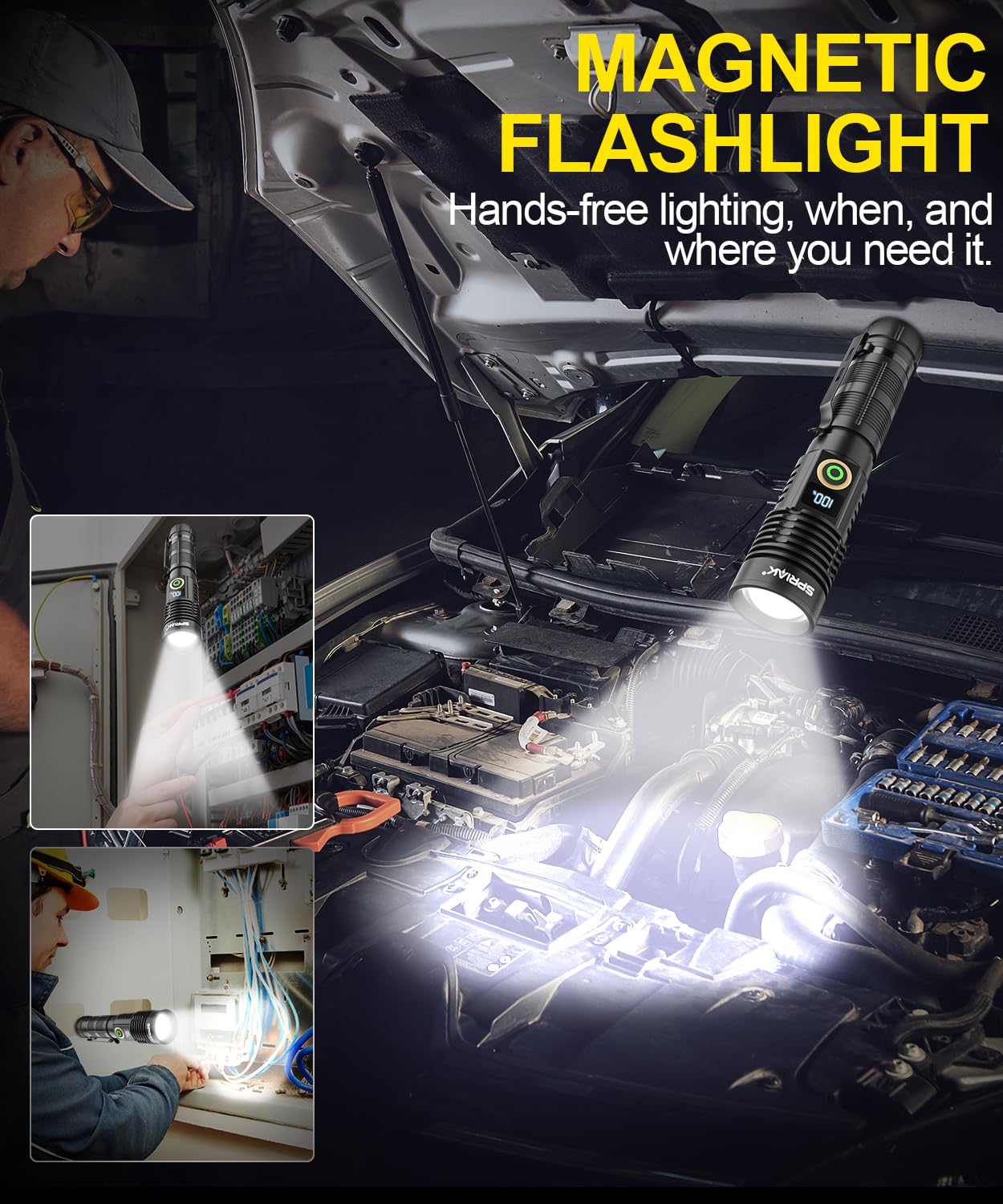 Spriak Rechargeable Flashlight K2301-Digital-1, Super Bright, Waterproof, Dimmable, Black, Pocket Size, High Lumens