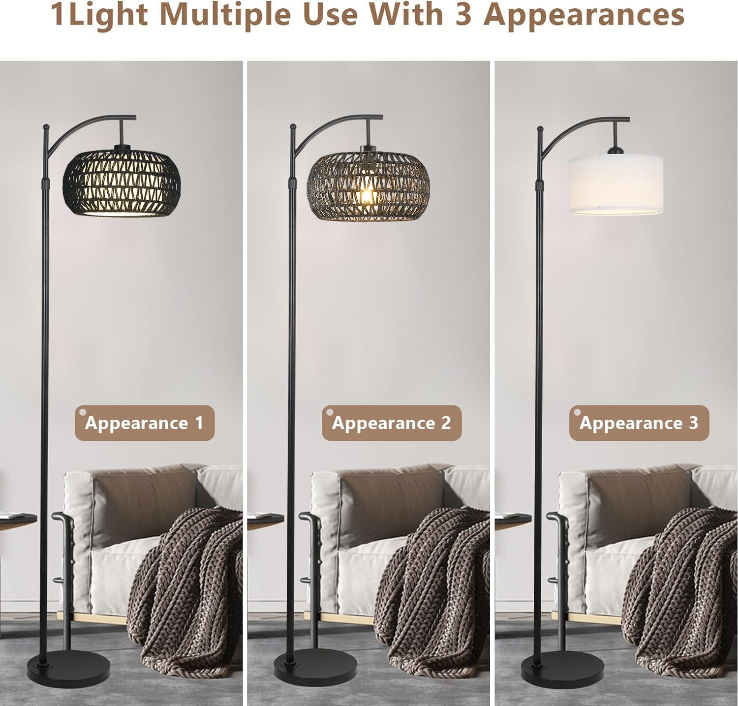 Zecoxol Arc Floor Lamp With 3 Color Temperatures,Black Floor Lamp With Remote Control, Boho Standing Lamp With Rattan Wicker Sha