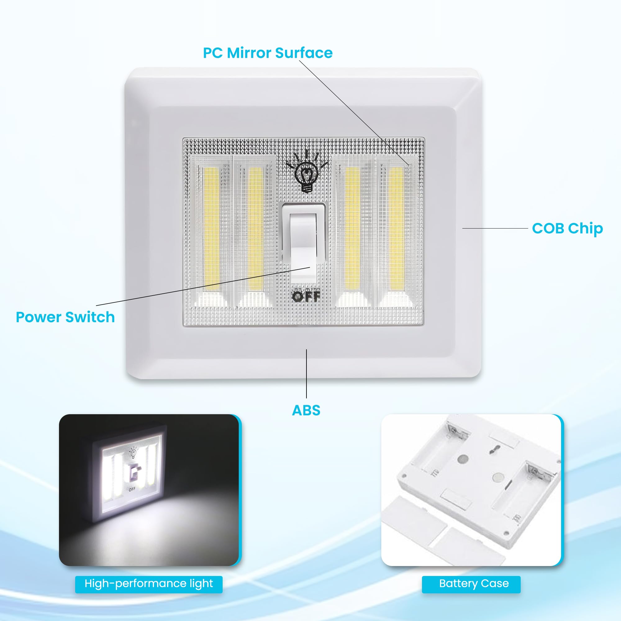 AlltroLite LED Closet Light Switch - 400 Lumen Wireless COB Night Light, XL White, Battery Powered, Model 08-1714, Stick-On Magnetic Design