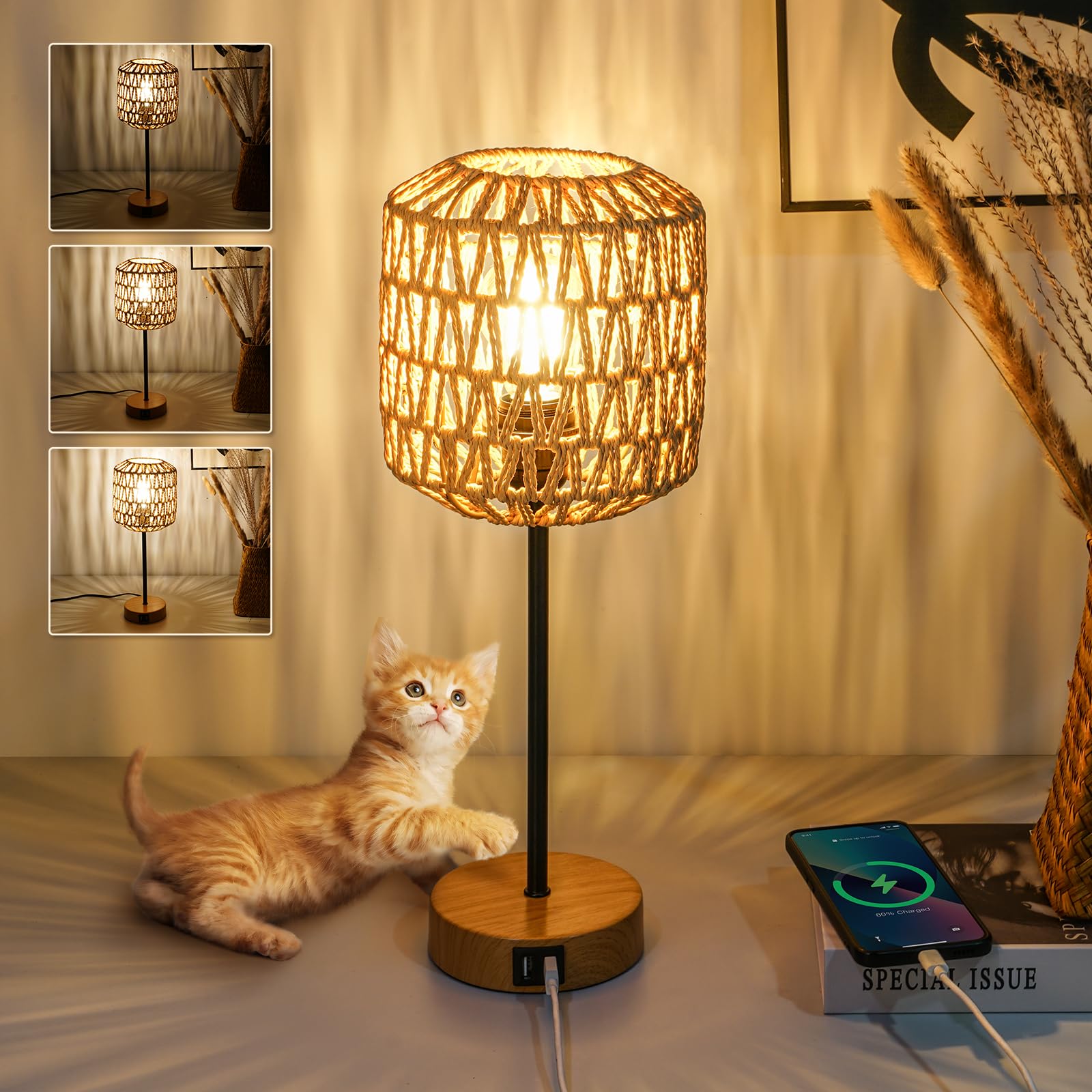 HYMELA N02 Boho Rattan Table Lamp Touch Control Dimmable Bedside Lamp with Plug-in Cord Woven Shade IImitation Wood Metal Base F