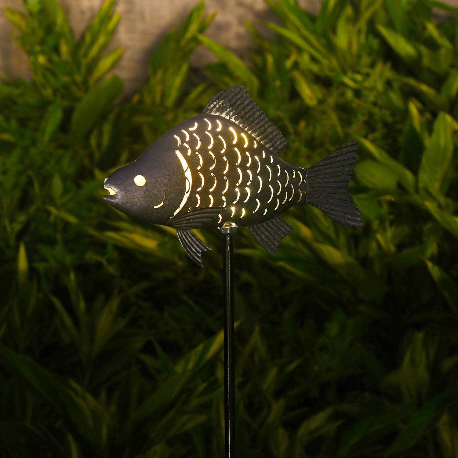 KAIXOXIN Solar Garden Lights Metal Fish Decorative Stake, Warm White LED, Silver-1, Model DSM016S