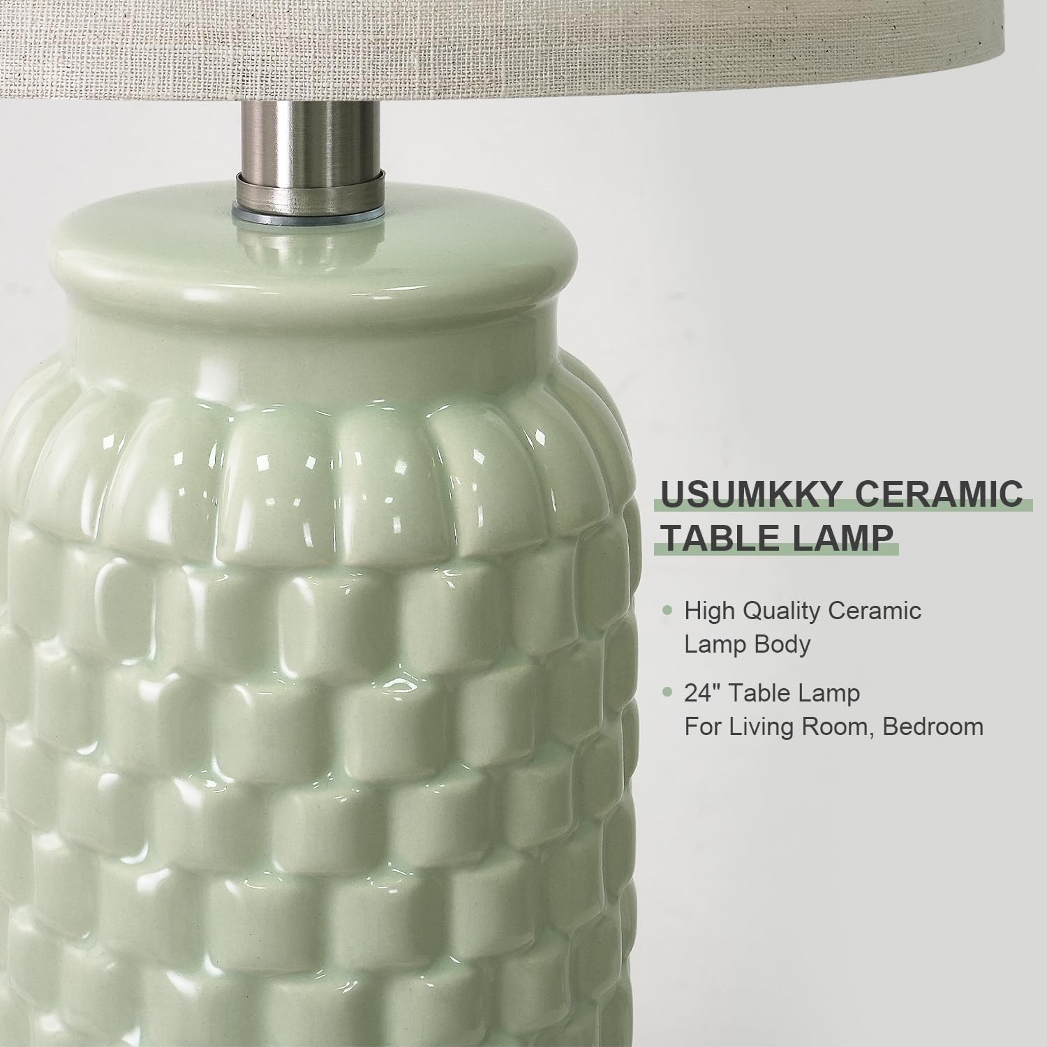 Usumkky 24'' Modern Ceramic Green Bedside Lamp Set Of 2 Table Lamp For Bedroom Decor Farmhouse Table Lamp For Living Room Office