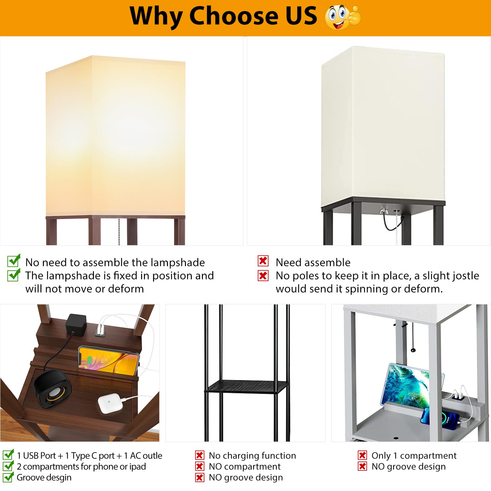 SHINE HAI 3-in-1 Shelf Lamp with USB & Type C Ports, 63 Inch, Engineered Wood, Brown, Model JYF-00453-FL