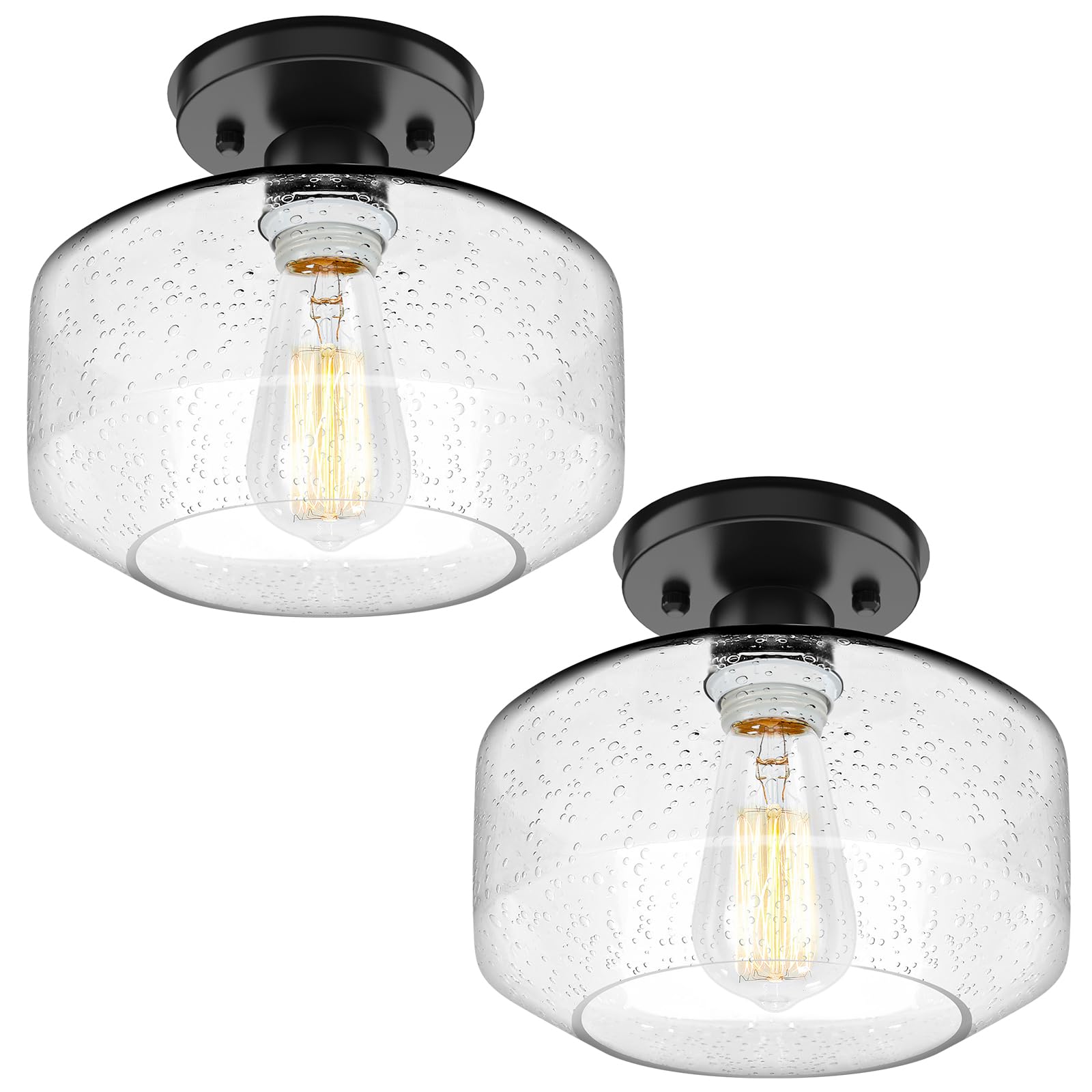 TOBUSA 2-Pack Industrial Semi Flush Mount Ceiling Light, Black Light Fixture Ceiling Mount with Seeded Glass Shade, Farmhouse Ha