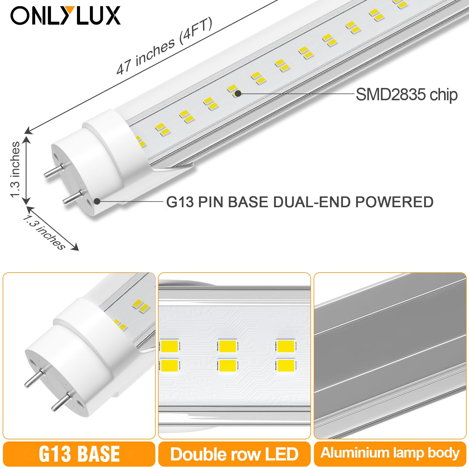 Onlylux 50 Pack T8 Bulbs 4 Foot 6500K Daylight, 5000Lumens, 36W, 4Ft Led Bulbs Ballast Bypass Type B Dual-End Powered, 4Ft Led T