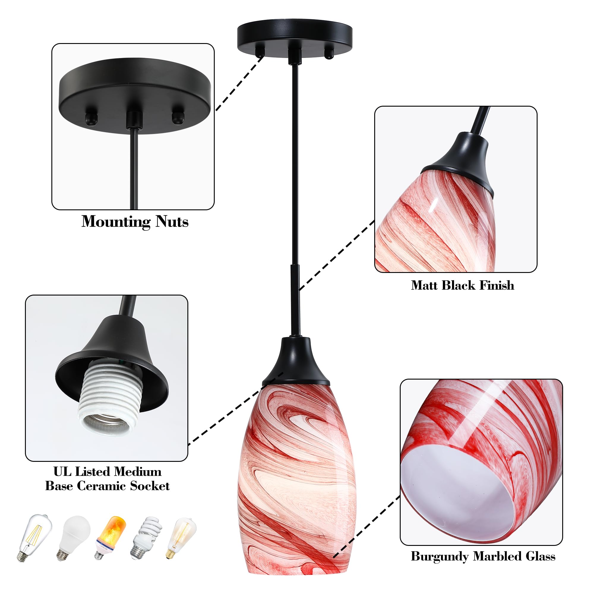 Viinew Mini Glass Pendant Light 4.72in Handblown Burgundy Art Glass 3-Pack for Dining Room Kitchen Island Foyer Hallway