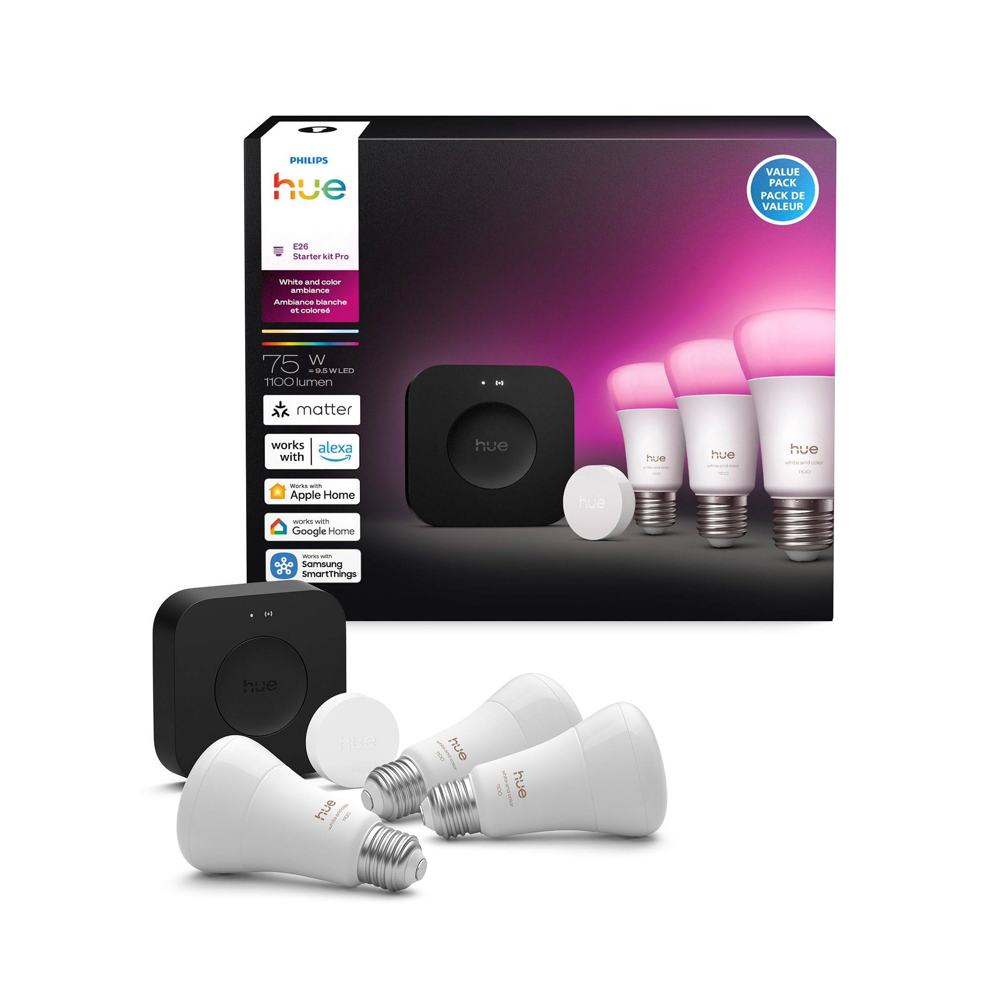 Philips Hue Starter Kit - Smart Light Hub with 3 A19 E26 Bulbs