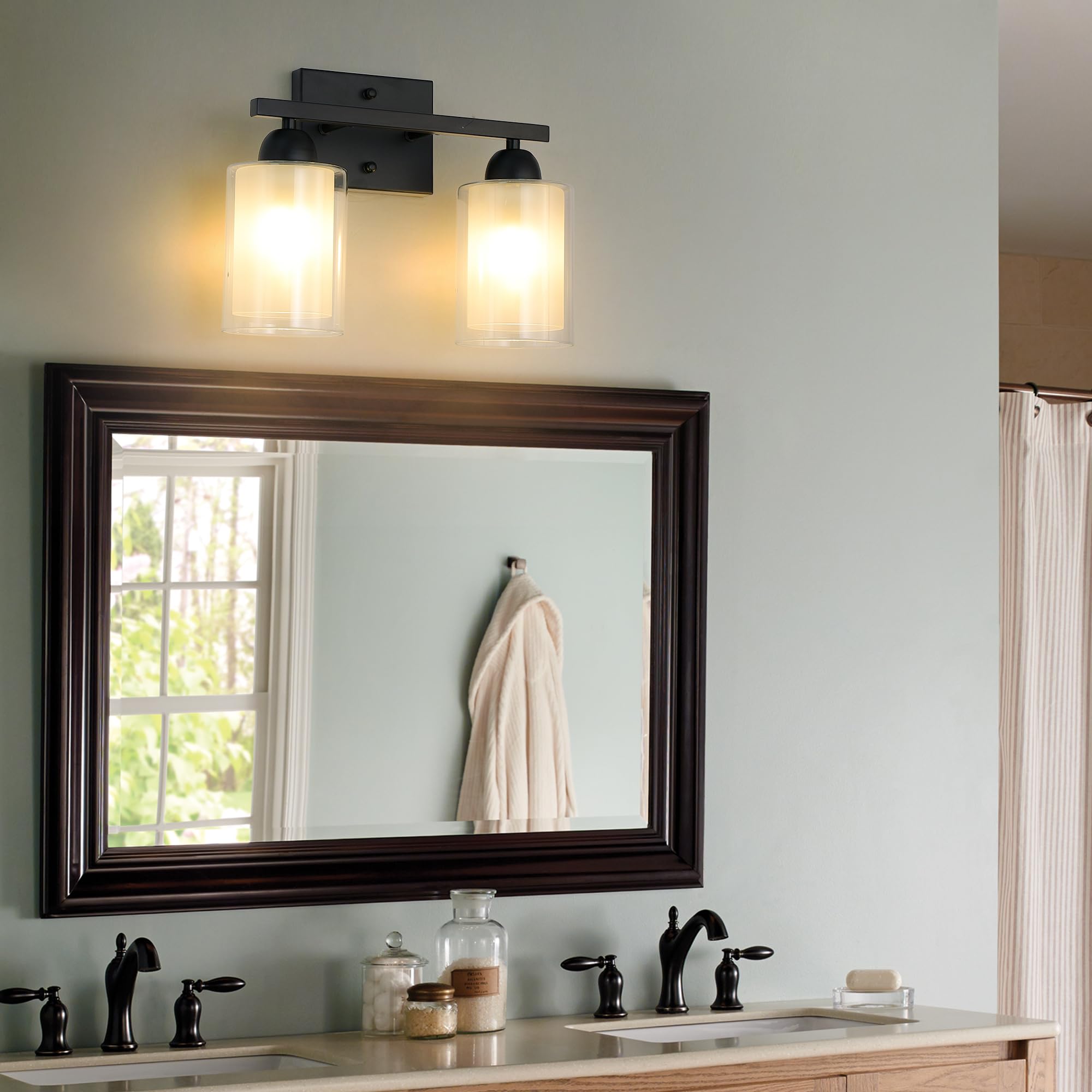 Mecgirn 2 Light Bathroom Vanity Light, Matte Black, Stainless Steel with Clear and Milk Glass Shades, Model B0007-2-Black