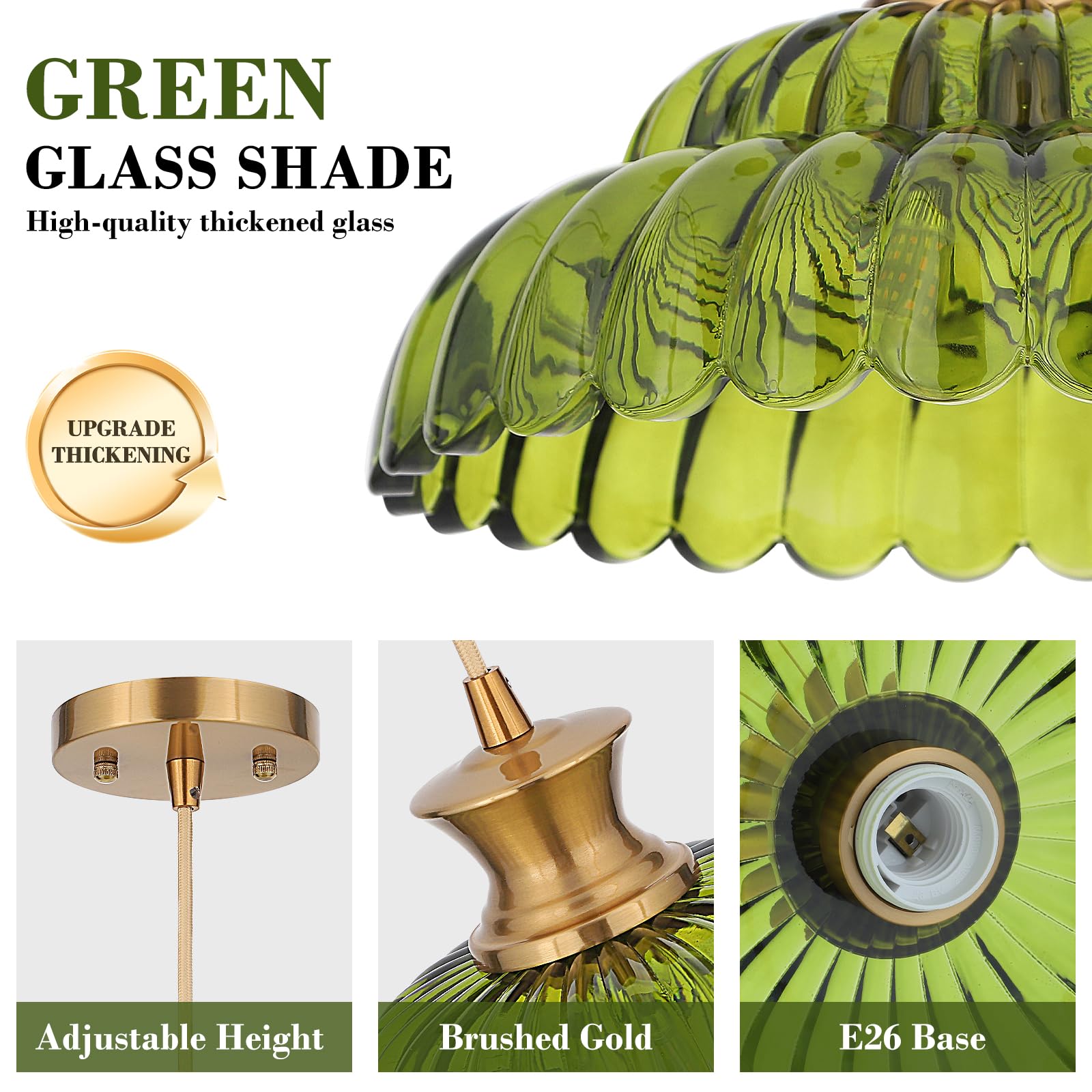 Mgcanyu 2Pack Glass Pendant Lights  11.8 Vintage Lighting Green Glass Light Fixtures Brushed Gold Modern Glass Chandelier Hanging Ceiling For Kitchen Island Dining Room Restaurant Foyer Entryway