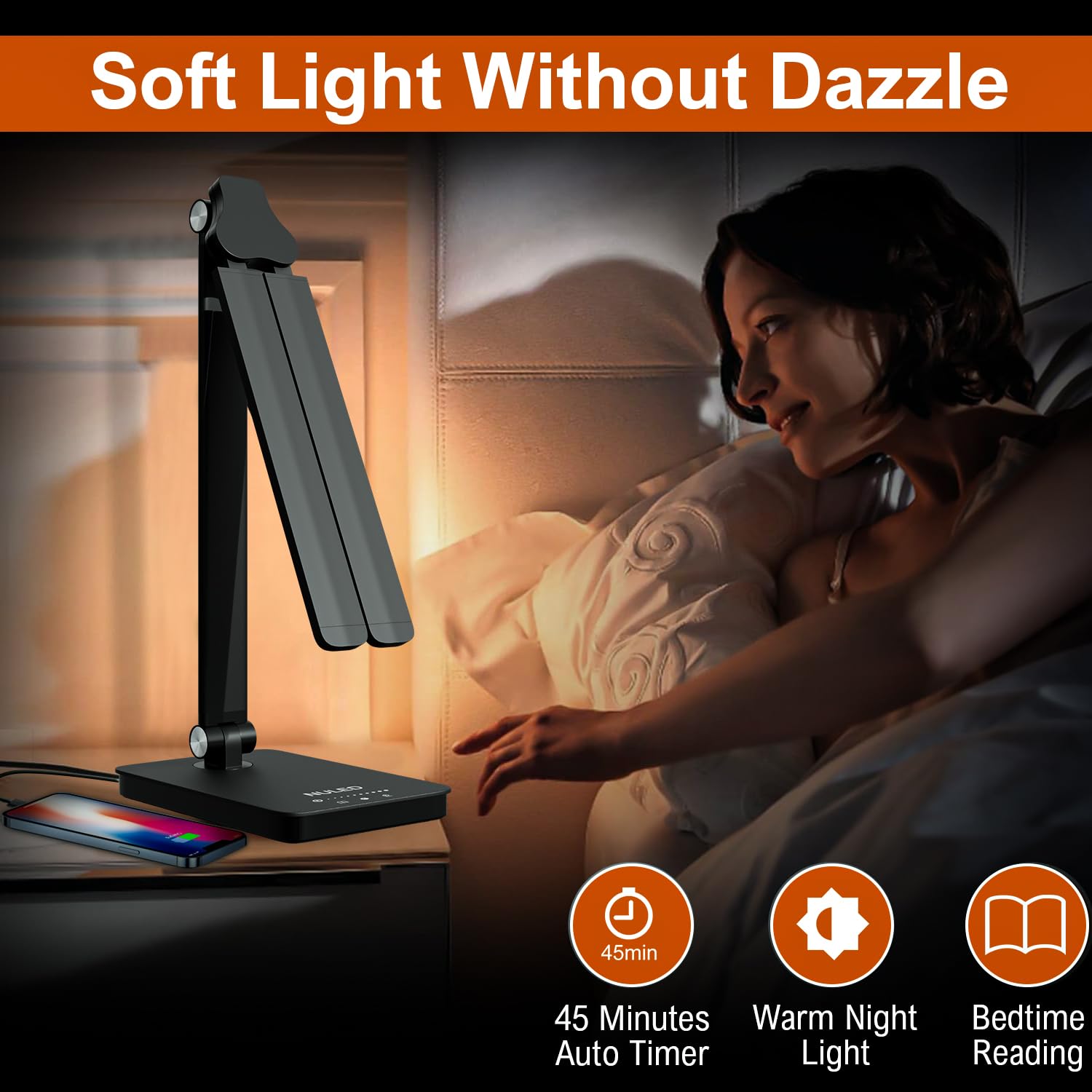 NUNET LED Desk Lamp, Rotatable Aluminum, USB Charging Port, Glossy Black, Model NULED-MSL2black