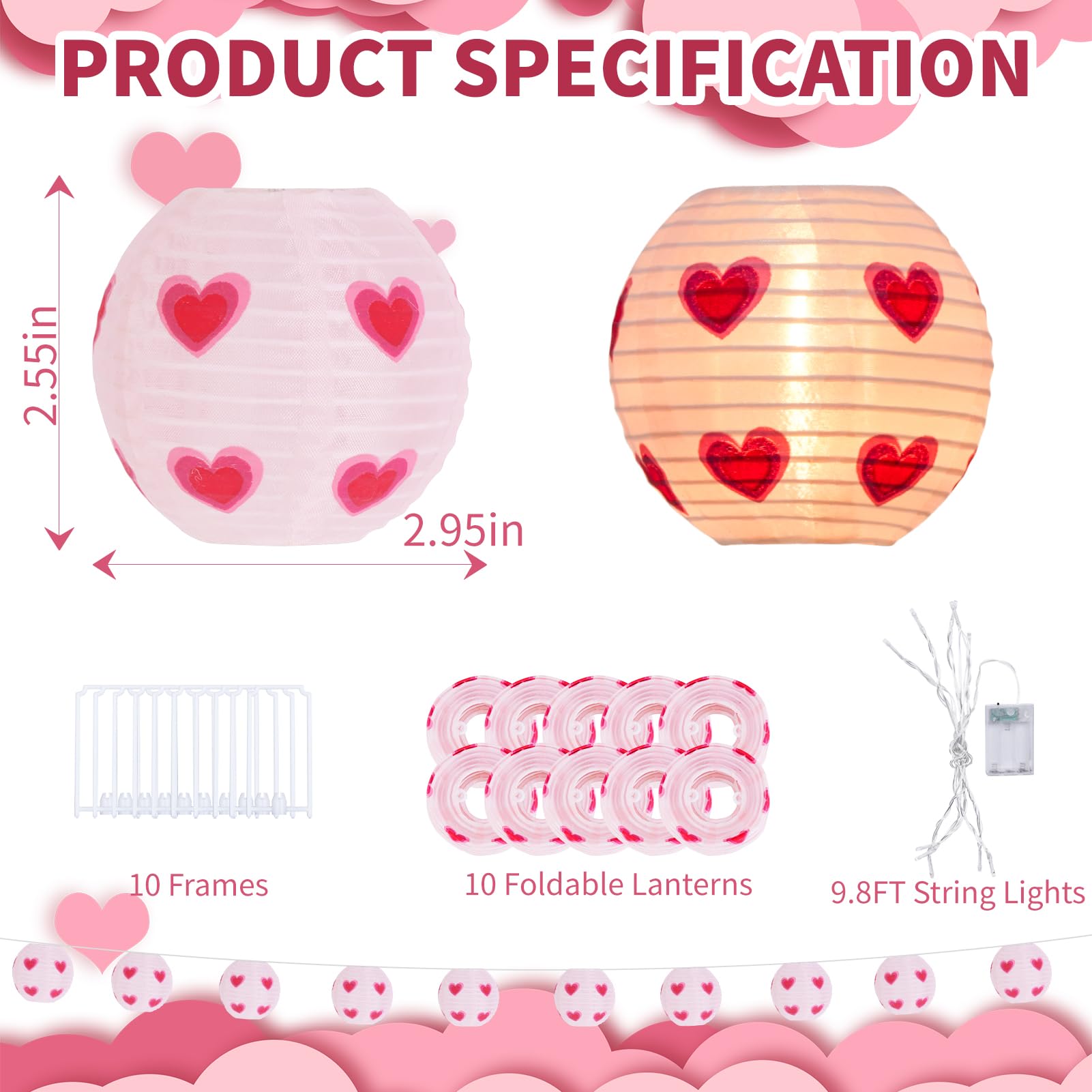 Valentines Day Decor Lantern String Lights Valentines Day Lights 10 Count Heart Lights Pink Room Decor 9.4FT Valentine Lights Ha