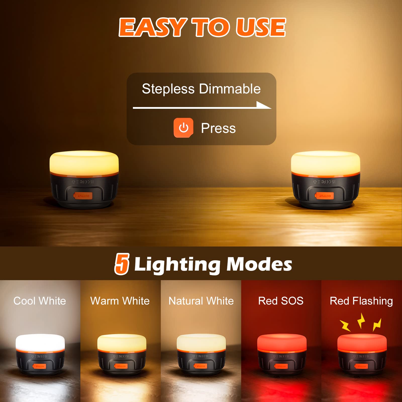 Sinvitron LED Camping Lantern - 1000LM, 150H Runtime, Rechargeable, 2 Pack, Black/Orange, Model C5-P, Water-Resistant