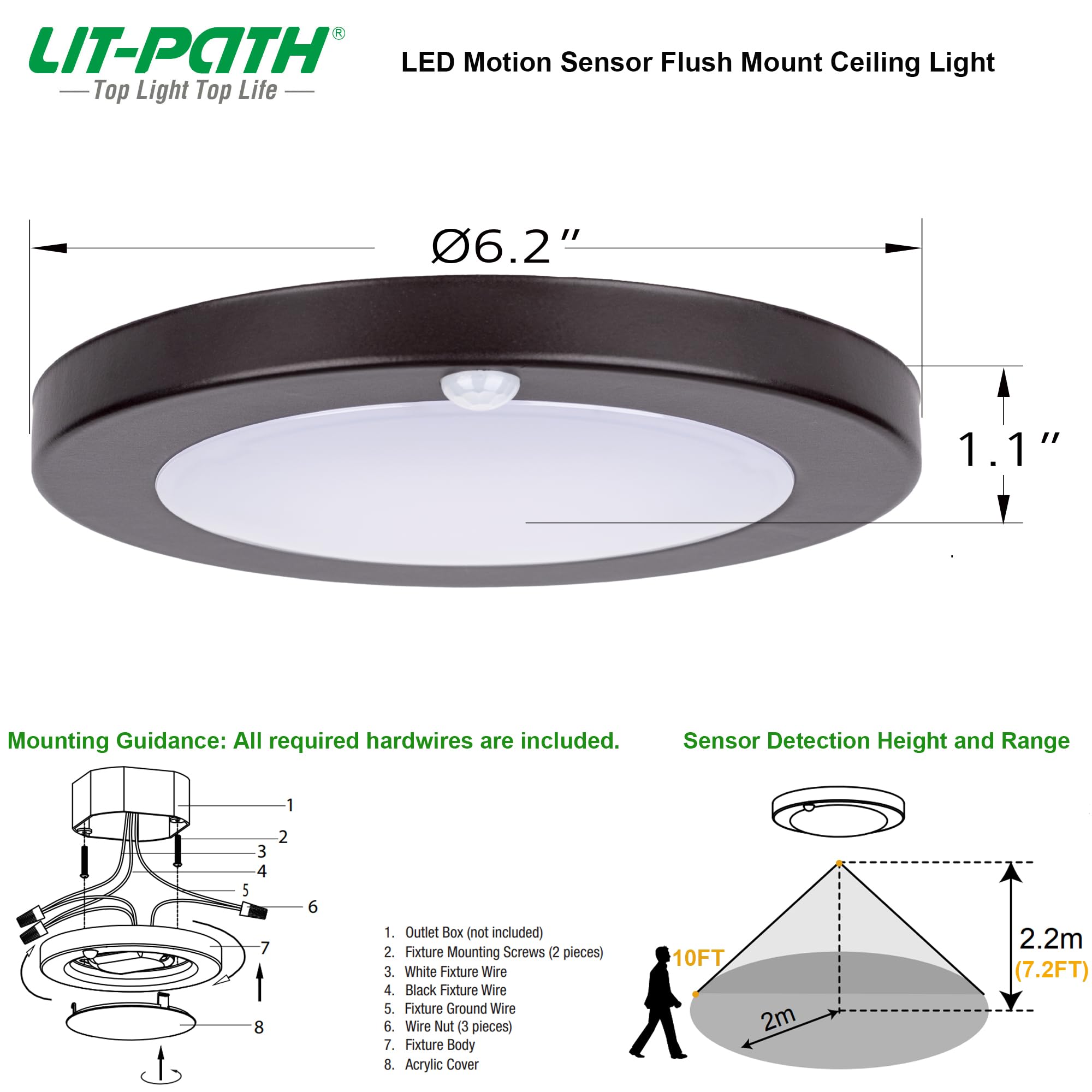 LIT-PaTH LED Flush Mount Ceiling Light with Motion Sensor, 10.5W, 700 Lumen, 4-Pack, Bronze Finish, Model LT-FMS00650K-BR