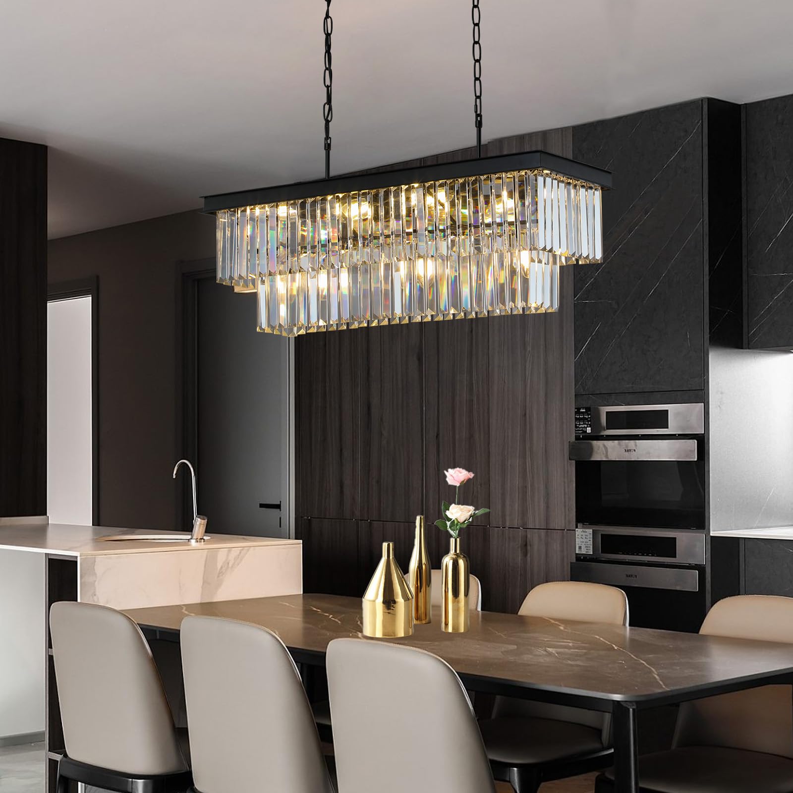 Weesalife 9-Lights Black Crystal Chandelier for Dining Room, 28 Inch Modern Rectangle Light Fixture