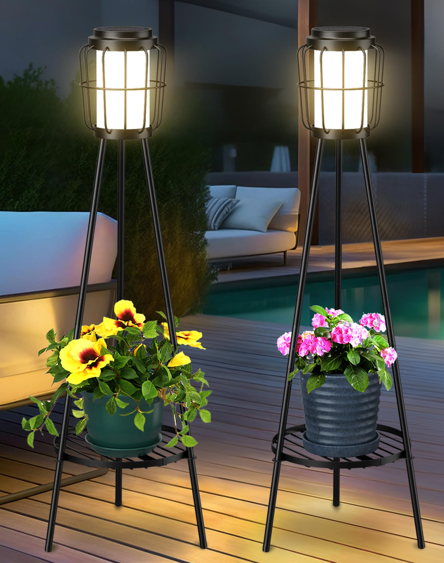 Visflair Solar Floor Lamps 2 Pack - Waterproof Metal Lights With Plant Stand For Outdoor Decor