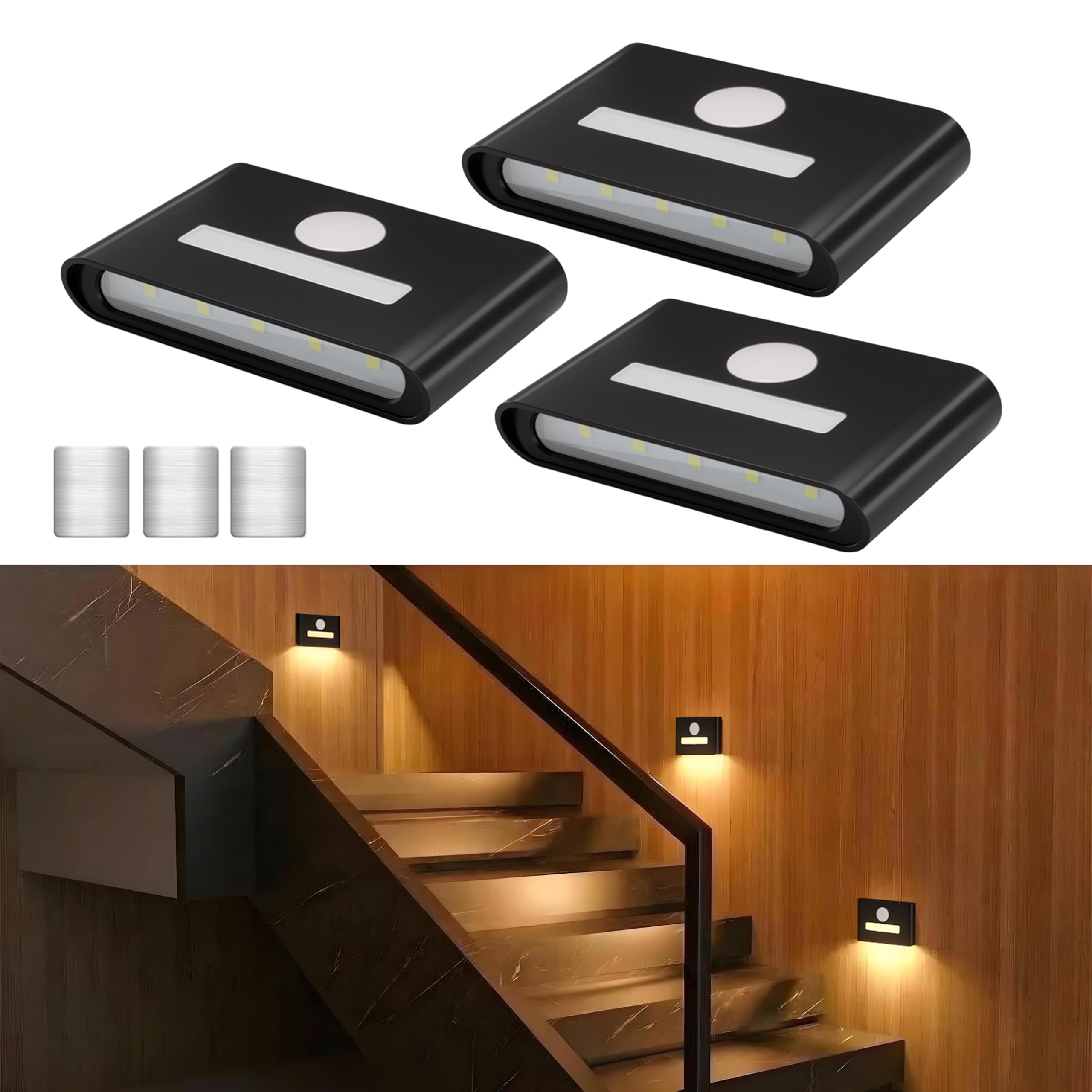 WOBSION Rechargeable Wireless Motion Sensor Stair Lights, Stick-On Wall Light with Dual Independent Lights, 3 Color Temperatures