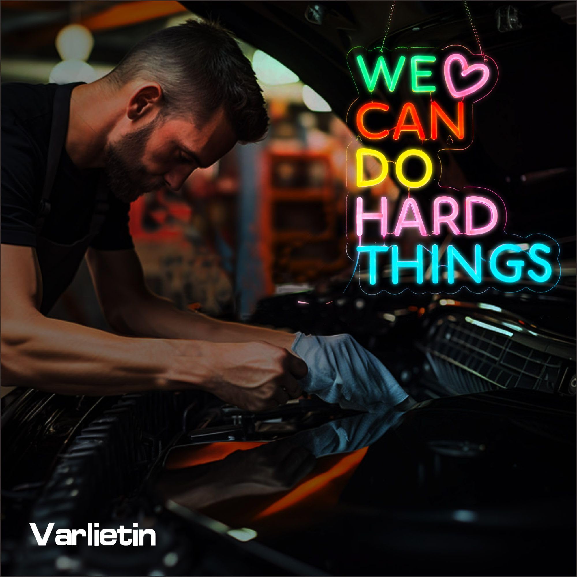 VarLietin Neon Sign - We Can Do Hard Things Wall Decor, Dimmable Acrylic Light, USB Powered, Green/Pink/Yellow/Blue, Model Var-DoHard