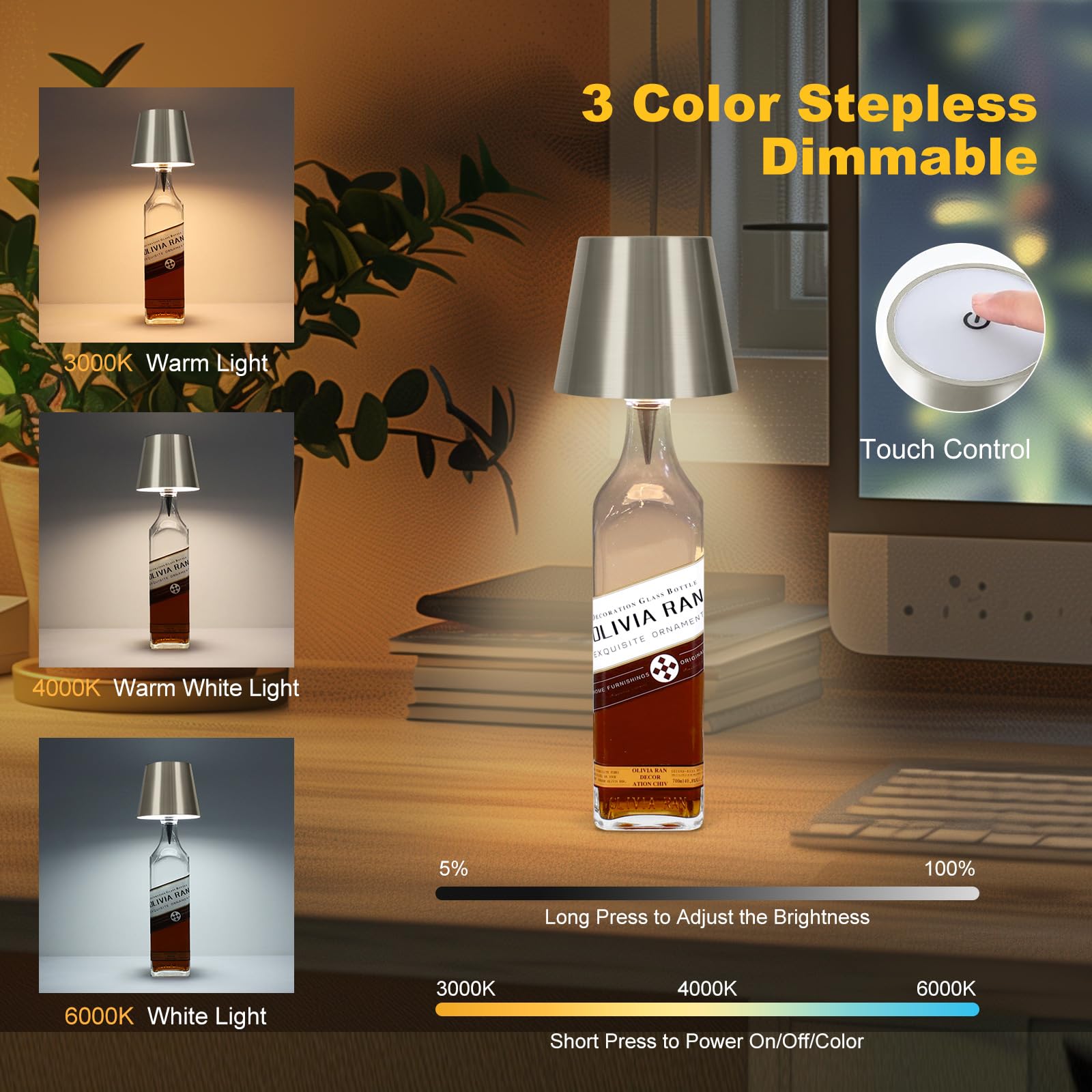 Wireless Bottle Lamp, 2025 New 3 Color Rechargeable Wine Bottle Lights For Bars Restaurants (Silver, 1Pc)