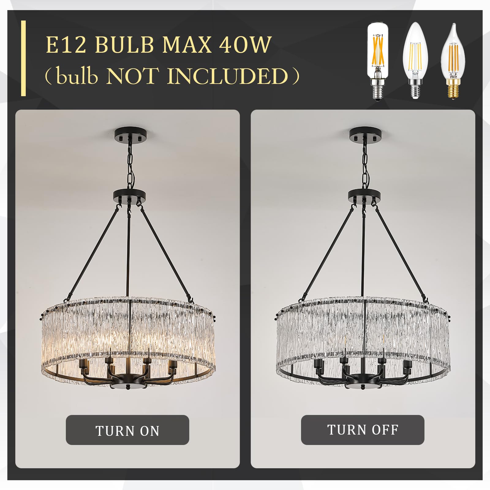 CATINER Modern Drum Chandelier 8-Light Pendant Lighting Fixture, 24.4” Black Glass for Dining Room, Foyer, Living Room, Bedroom