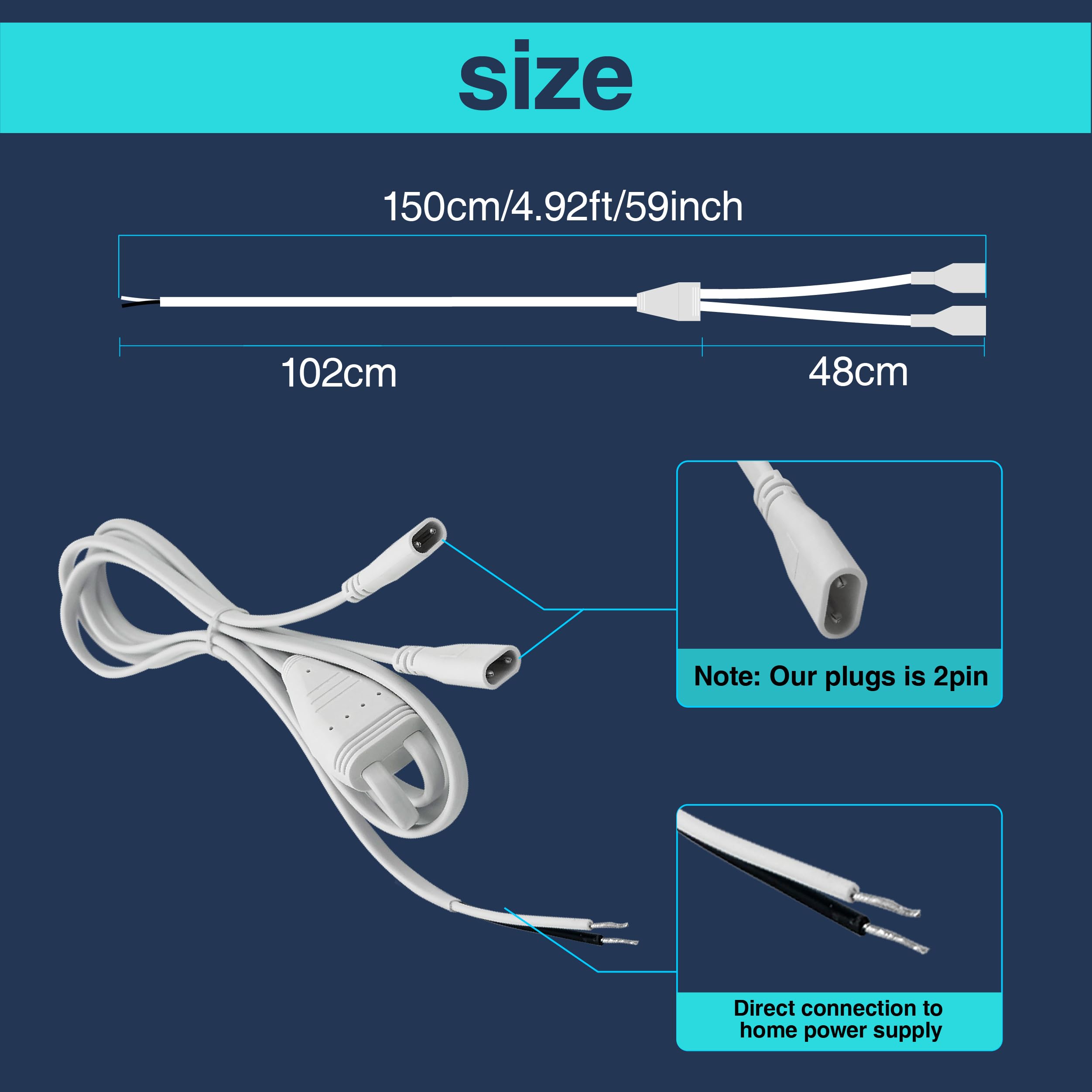 CEZELUX Hexagon LED Power Cable 1.5M, 10A Connector for Garage Light Fixture, White, Model 1 to 2