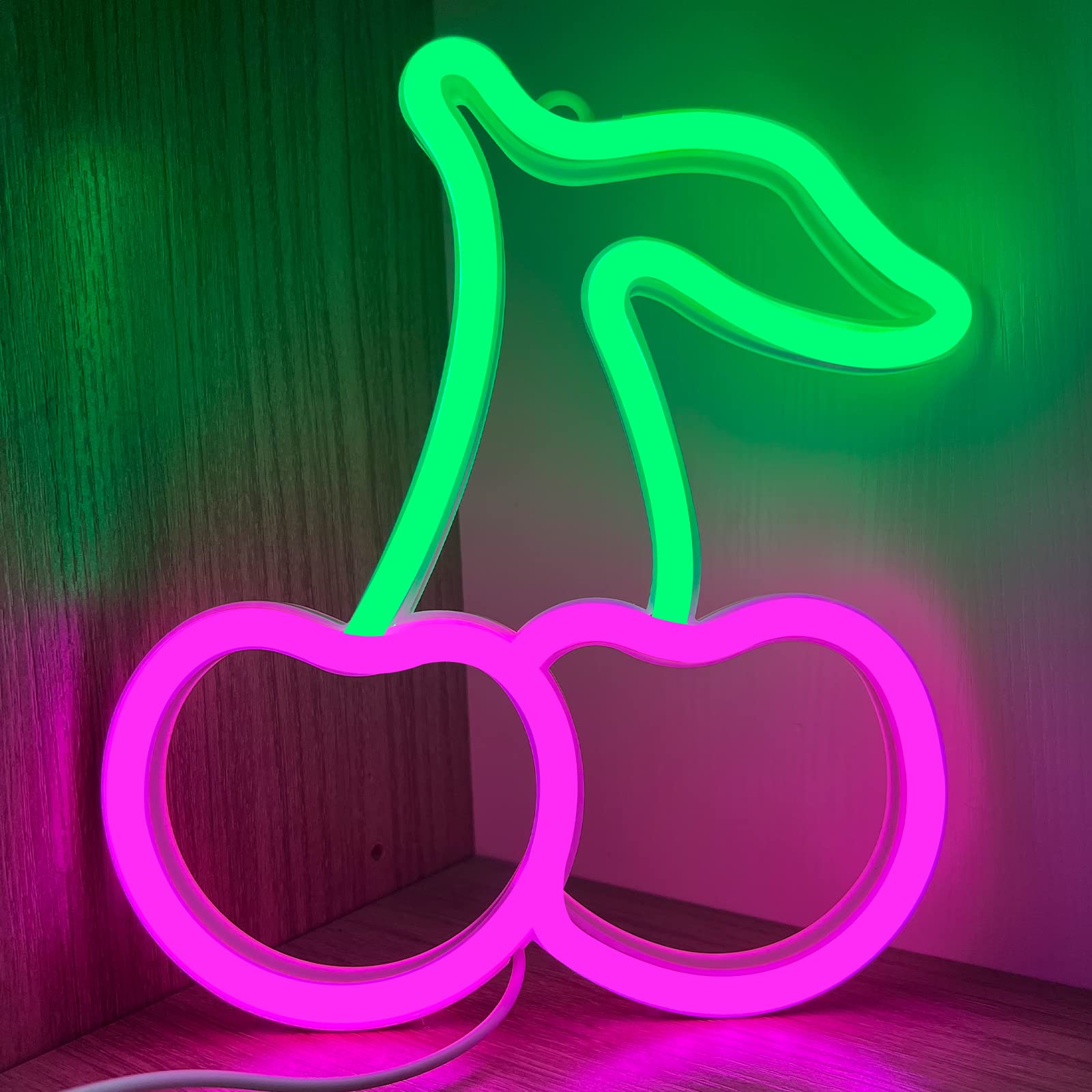 BerniceKelly Cherry Neon Sign, LED Wall Decor, Plastic, Model WUE-54, Green & Pink Cherries for Kids Room, Restaurant, Bar, Home