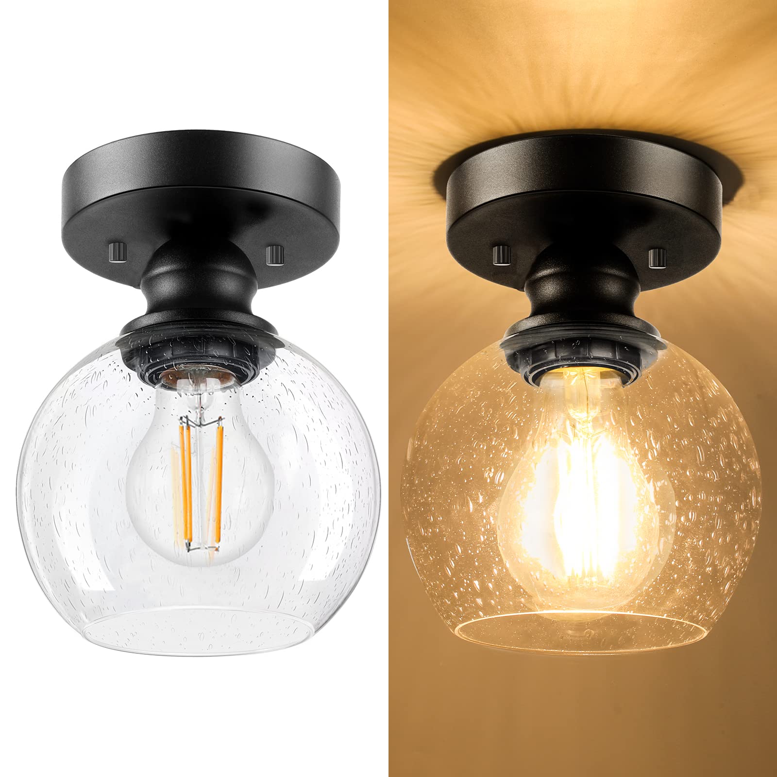 Industrial Semi Flush Mount Ceiling Light, Vintage Hanging Ceiling Lamp, Seeded Glass Pendant Lamp Shade, Farmhouse Light Fixtur